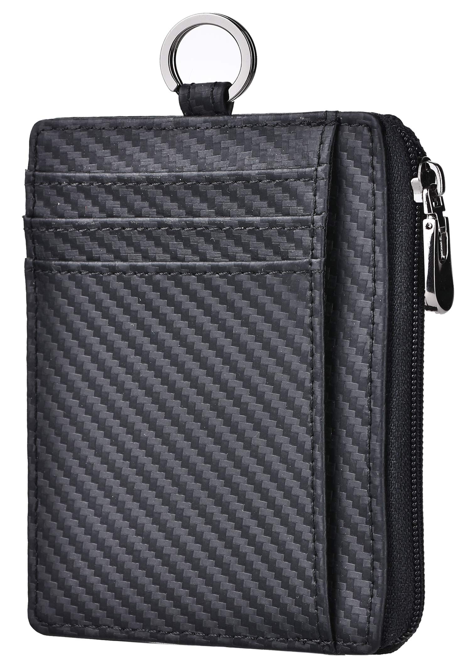 Slim Wallet RFID Front Pocket Wallet Minimalist Secure Thin Credit Card Holder Carbon Fiber Zip ID Badge Holder Case Black