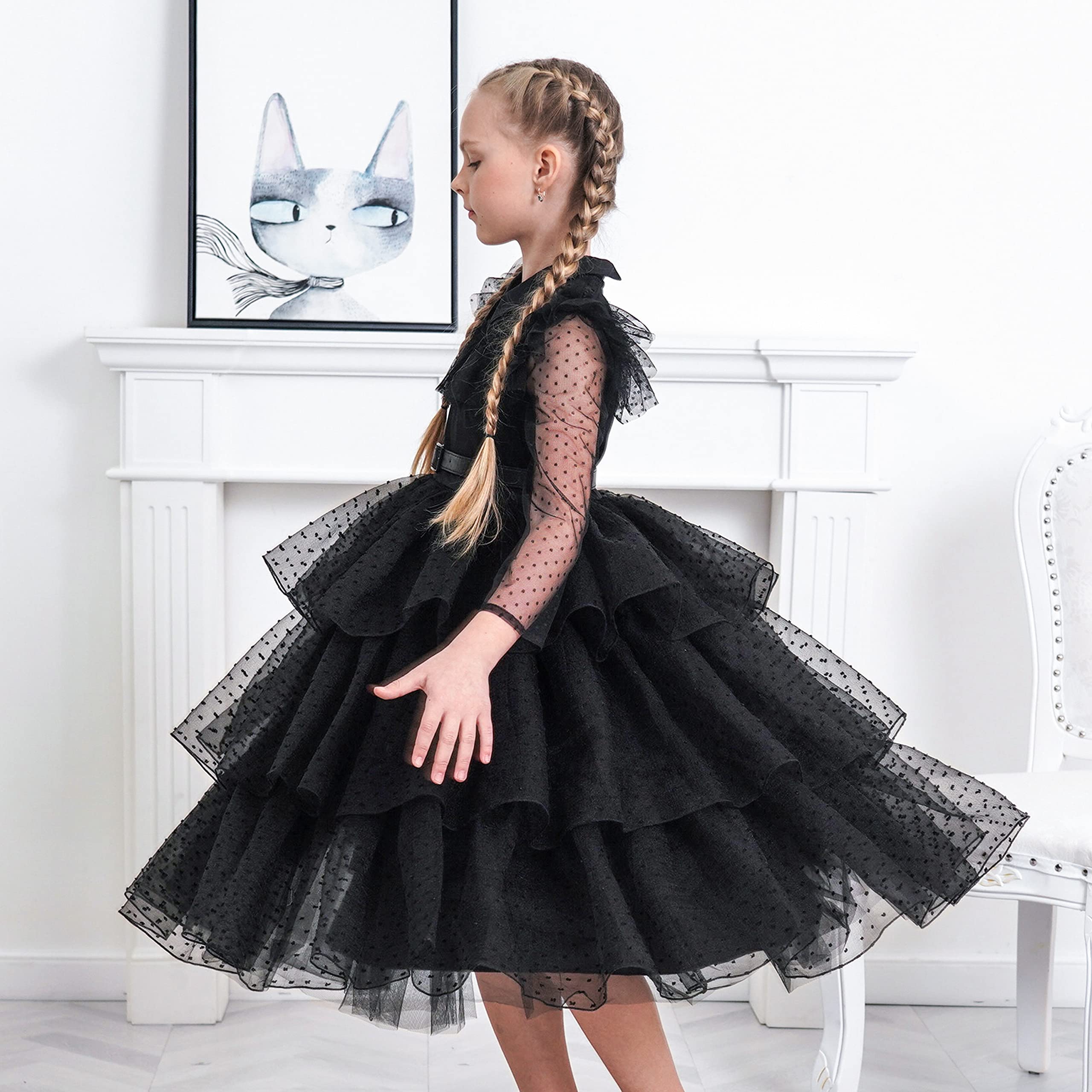 Dziewczęca Sukienka Czarny Sznurówka Długi rękaw Organza Wzburzyć Polka Pas 10 lat