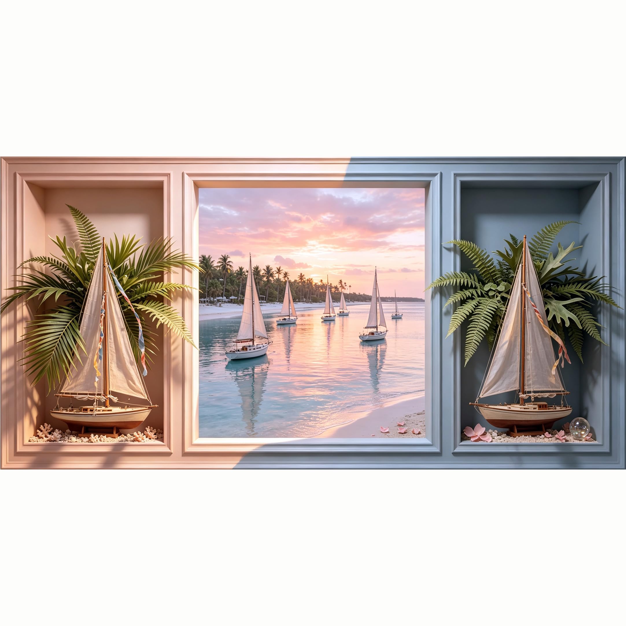 QZLITHOTIC 50x100cm 3D Framed Wall Art， Coastal Sunset Sailboat Tropical Palm Tree Self‑Adhesive Mural， Water‑Activated Peel & Stick Fabric Decor Wall Decal for Bedroom Living Room