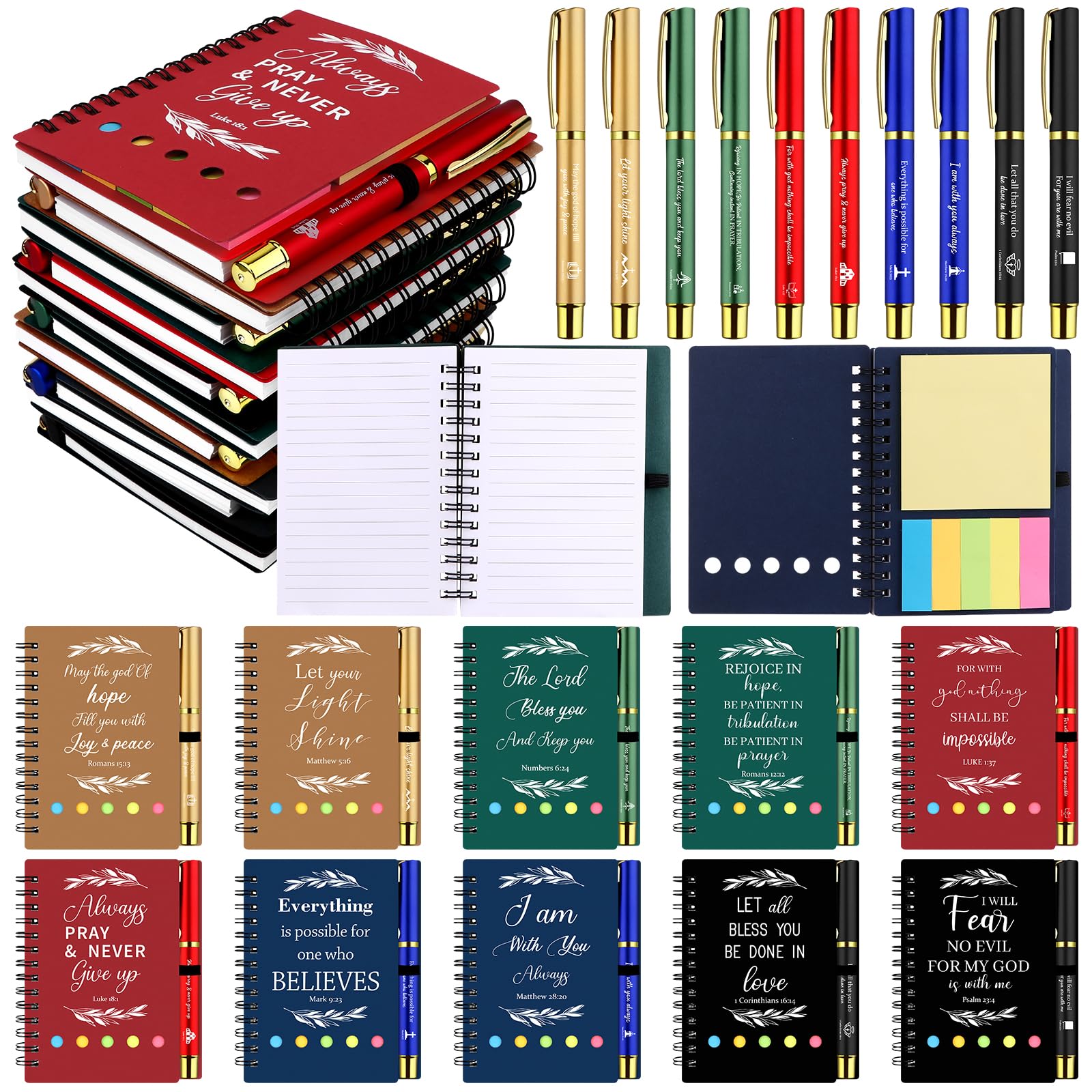 20 Pcs/10 Set Christian Gifts Bulk Spiral Religious Notebook with Sticky Notes Bible Verse Pens Christian Note Pads Inspirational Scripture Gifts for Women Men Church Coworker School Supplies