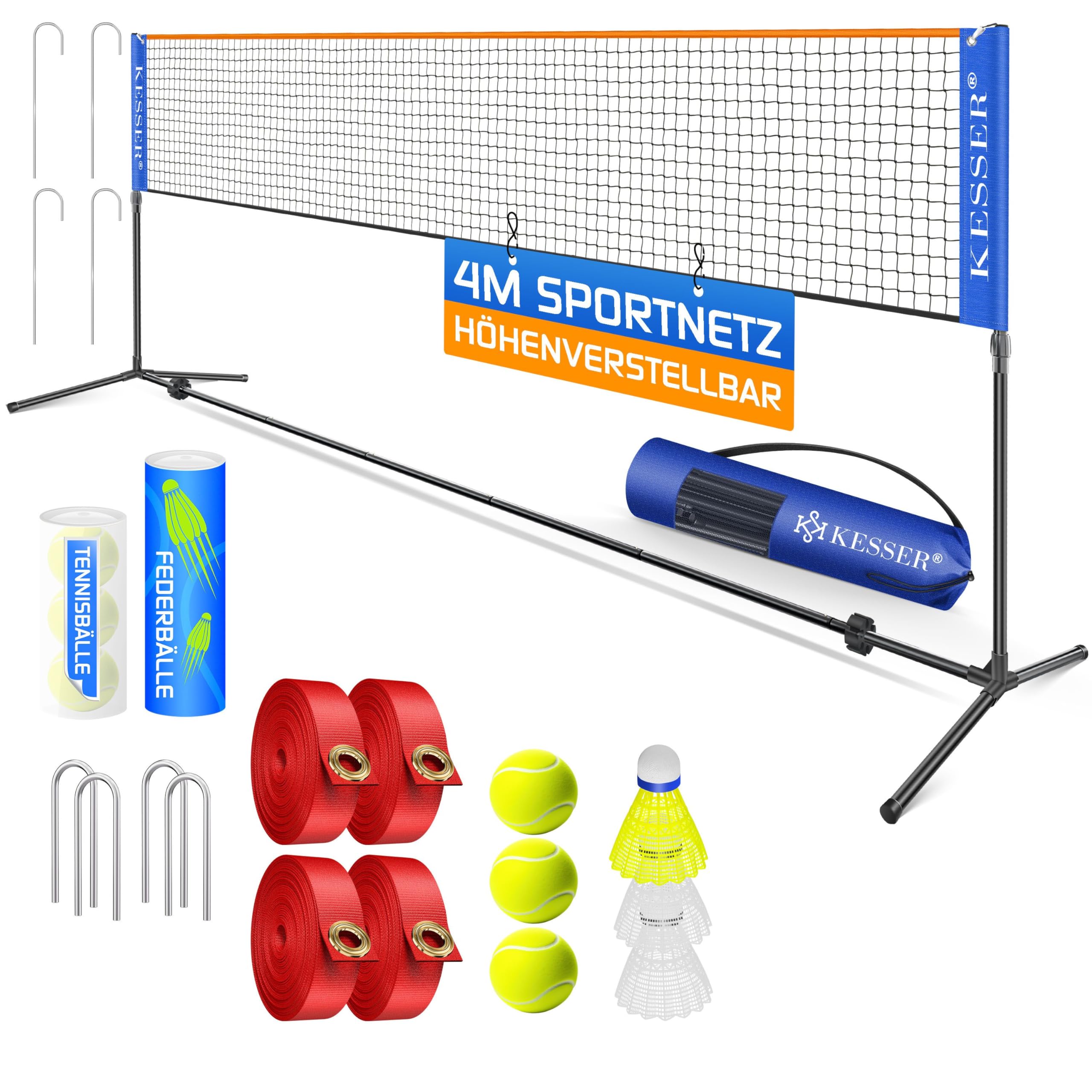 KESSER® Badmintonnetz Tennisnetz | Federballnetz 3-Fach-Höhenverstellbar 107/120/155cm, stabiles Gestell, Set mit Netz, 3X Federball & 3X Tennisball, Montagezubehör, Transporttasche, Indoor & Outdoor