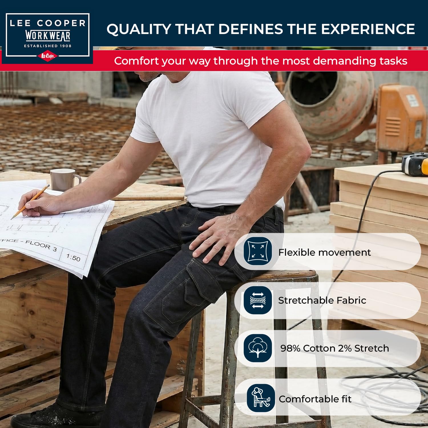 Lee Cooper Vaqueros Cargo Hombre Regular Fit – Pantalón Denim Stretch Multi Bolsillos, Jeans Trabajo Carpenter Resistente Workwear Construcción