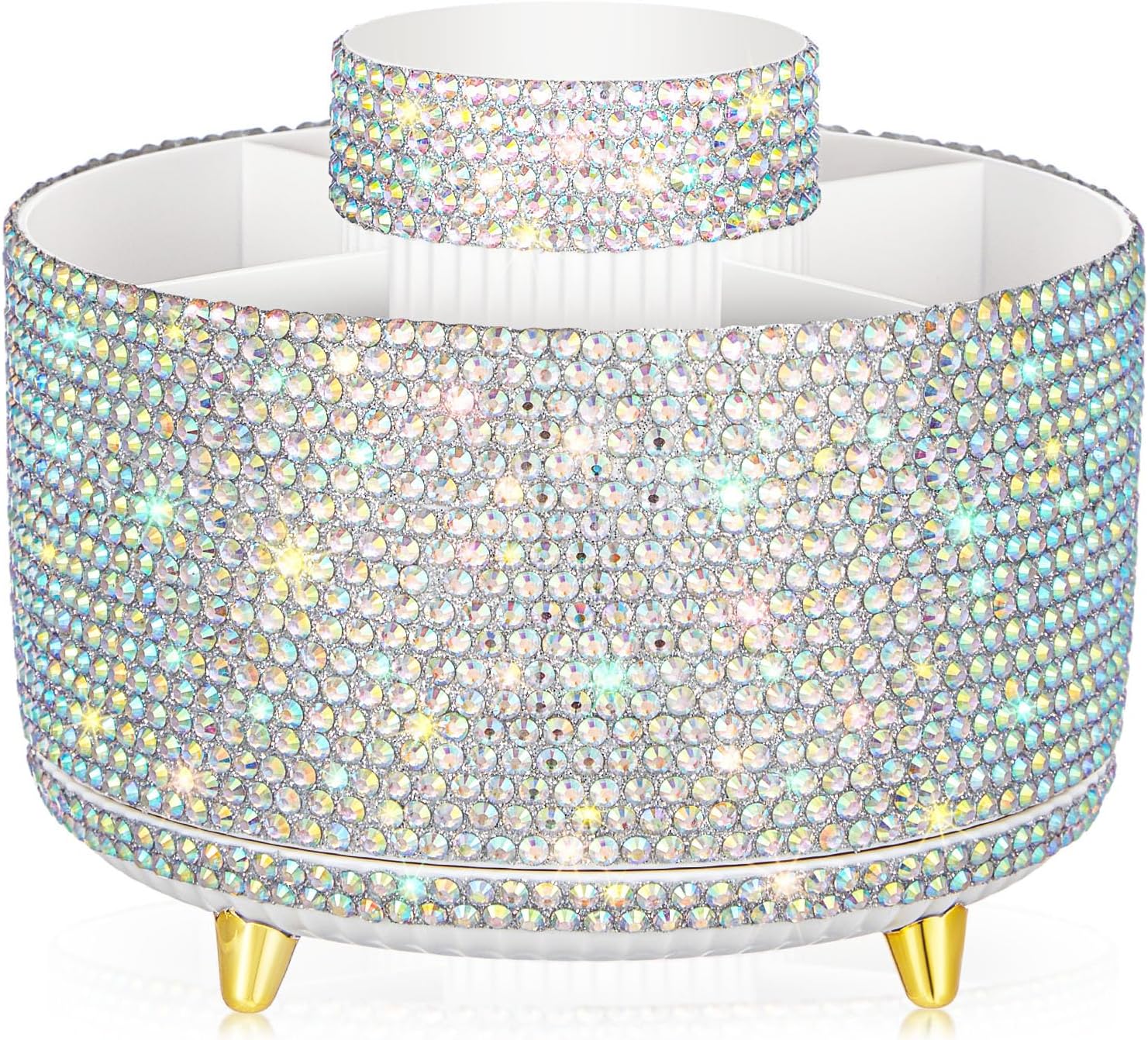 Silver Bling Desk Accessories Organizer for Women Teen Girls Christmas Birthday Gift Bling Pen Holder Rhinestone Makeup Brush Holder with 5 Slots Rotating Diamond Skincare Organizer Countertop White