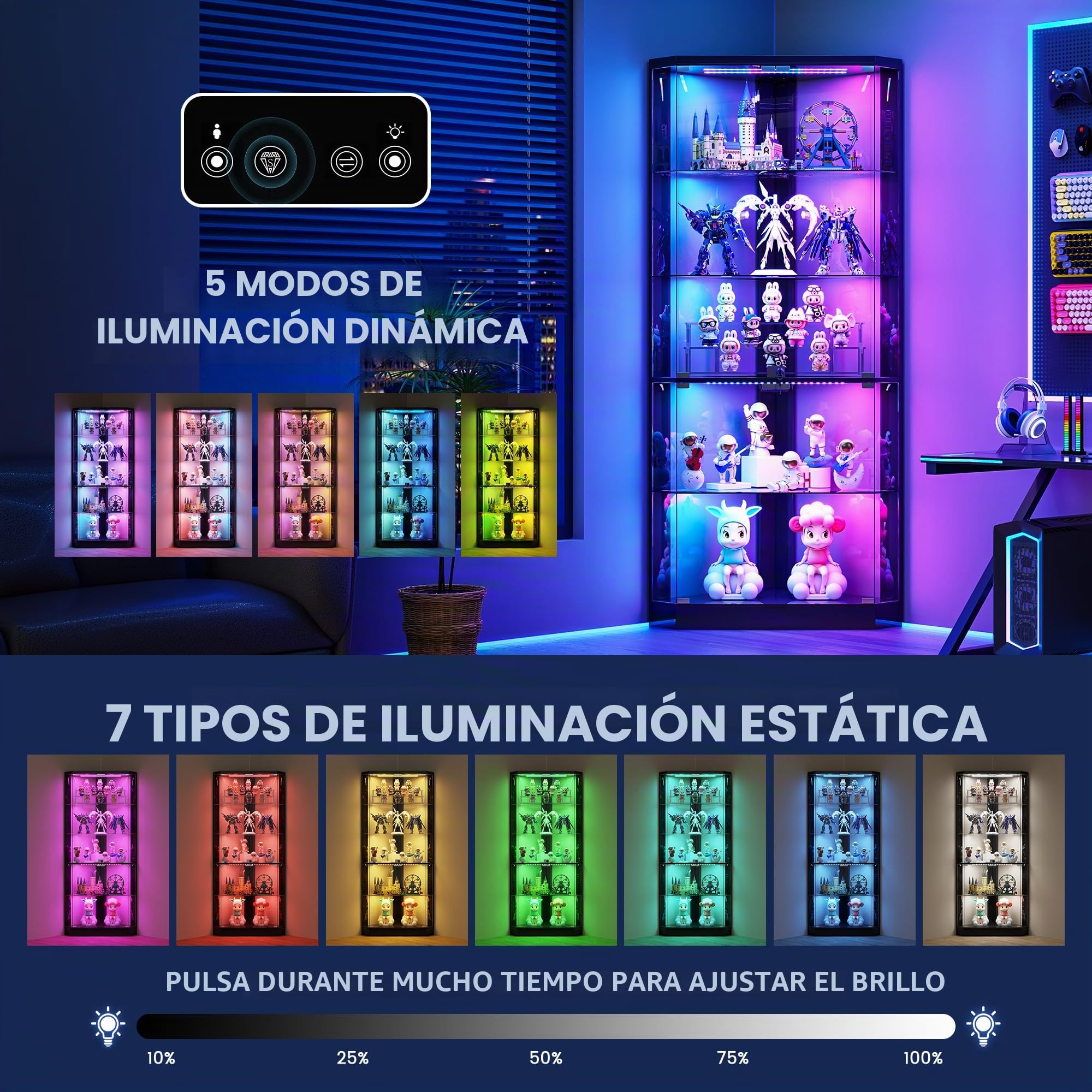 Lvifur Vitrina esquinera de 5 Niveles con Sensor de Presencia y Puertas de Cristal para Dormitorio/Estudio, Vitrina de Cristal de 175 cm con iluminación LED para coleccionistas y Sala de Estar,Negro