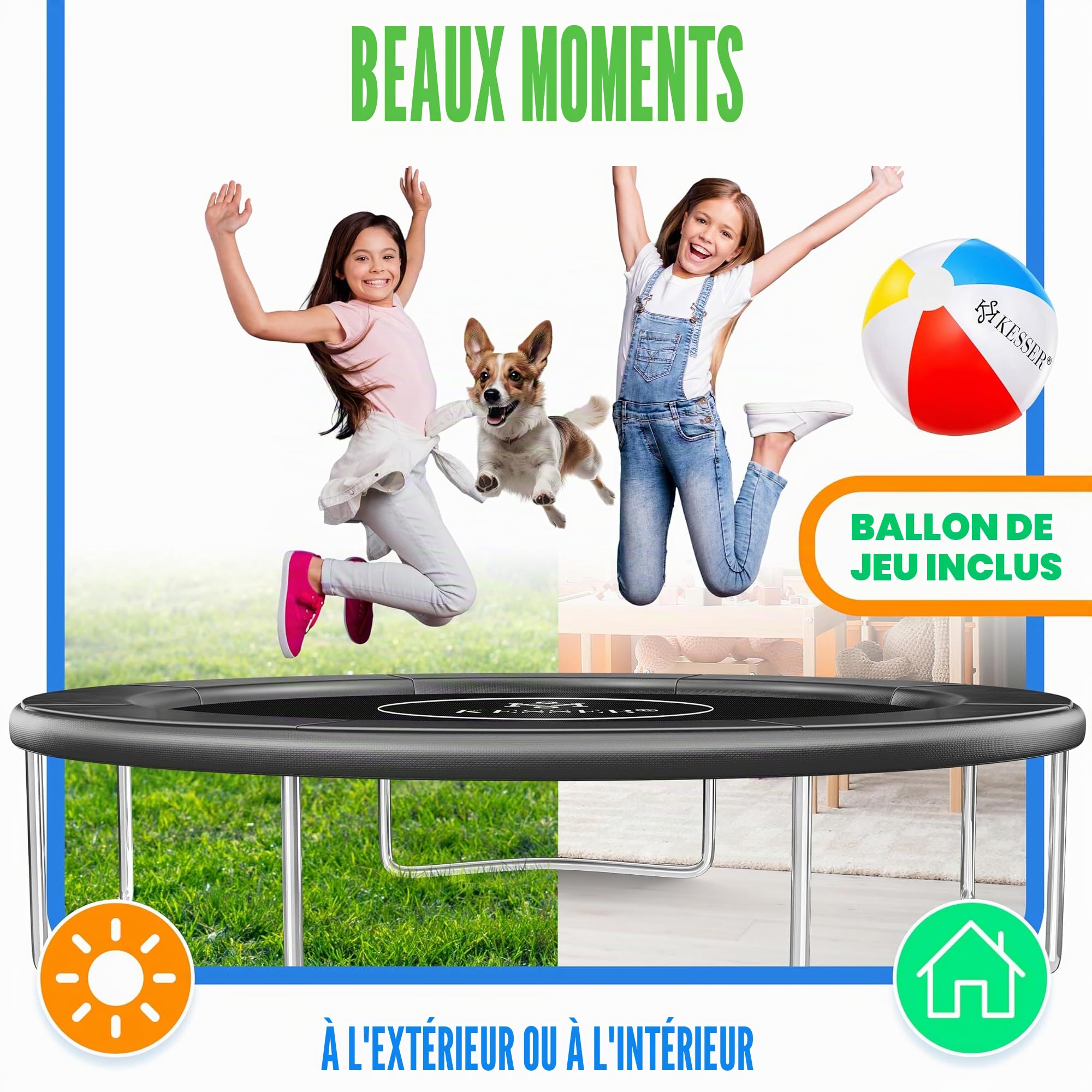 KESSER® - Couverture de Bord pour Trampoline Ø 244, 305, 366, 426 cm, Largeur 30cm 100% résistant aux UV indéchirable Couverture à Ressorts avec Ballon de Plage