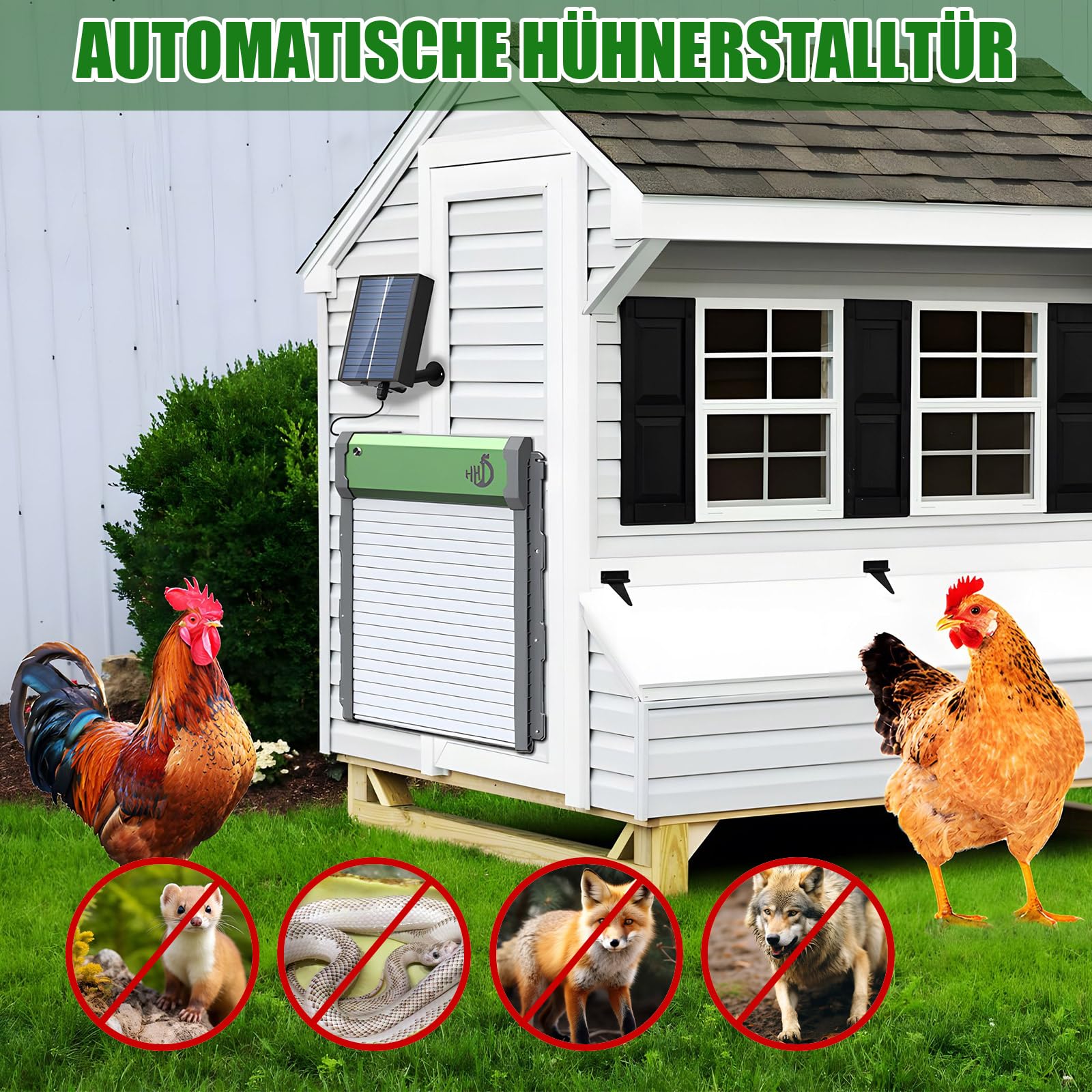 MaxAwe Automatische Hühnerklappe Solar, Aluminum Hühnerstalltür Automatisch, Lichtsensor, Timer, Intelligenter Einklemmschutz Elektrische Hühnerklappe, Hühnertür mit Fernbedienung