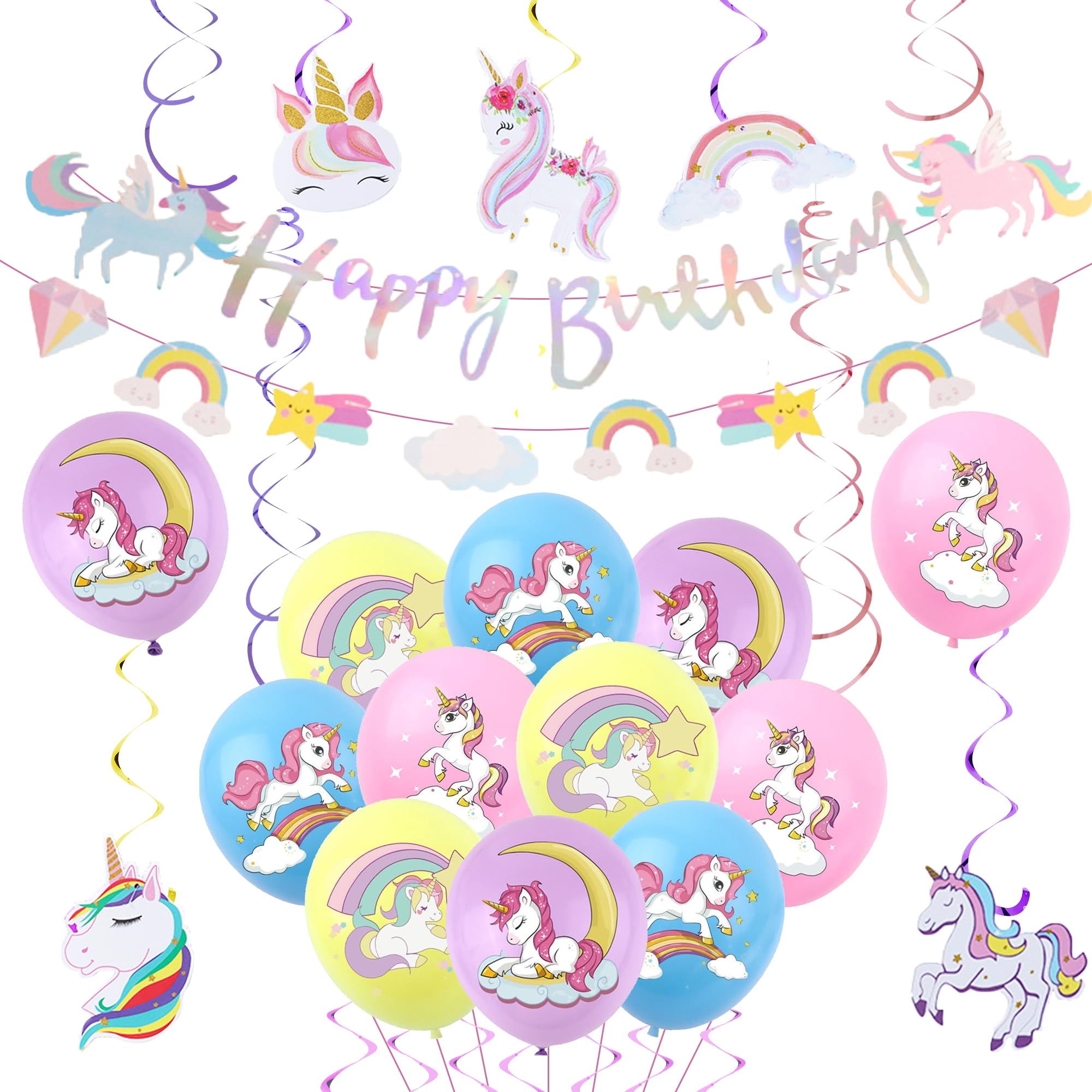 Unicorn Birthday Party Decorations Girl - 23 Pieces Happy Birthday Banner Pull Flower Double Hanging Swirl Unicorn Latex Balloons Unicorn Decorations for Girls Birthday Baby Shower Party Supplies