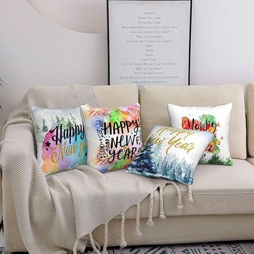 Miniatura 4 de Juego de 4 fundas de almohada con texto en inglés Happy New Year de 18 x 18 pulgadas, funda de cojín para sofá y vacaciones de invierno