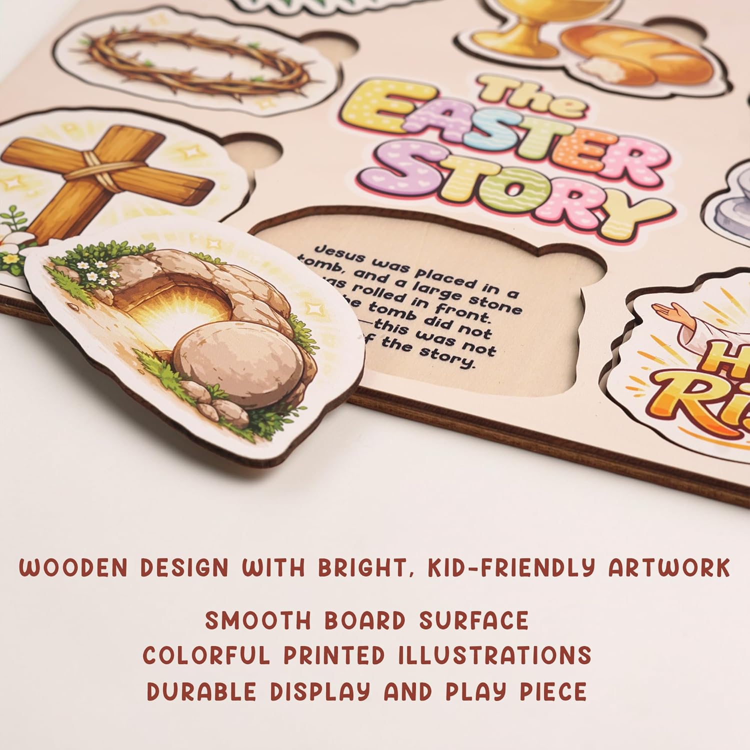 Easter Story Puzzle Board with 8 Wooden Lift-and-Read Pieces, Christian Easter Basket Stuffer for Kids, Christian Gifts for Kids, Ressurection Story Eggs