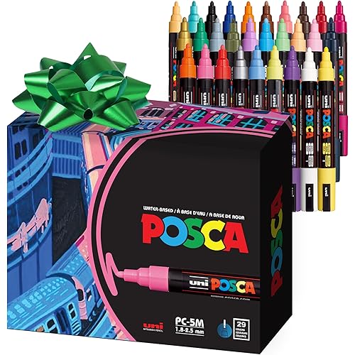 Uni Posca Paint Markers, 5M Medium Acrylic Markers with Reversible Tips, Artist Recommended For Gifts, Decorations, Fabric, Metal, Glass, Wood and Canvas, Assorted Colors, Set of 29