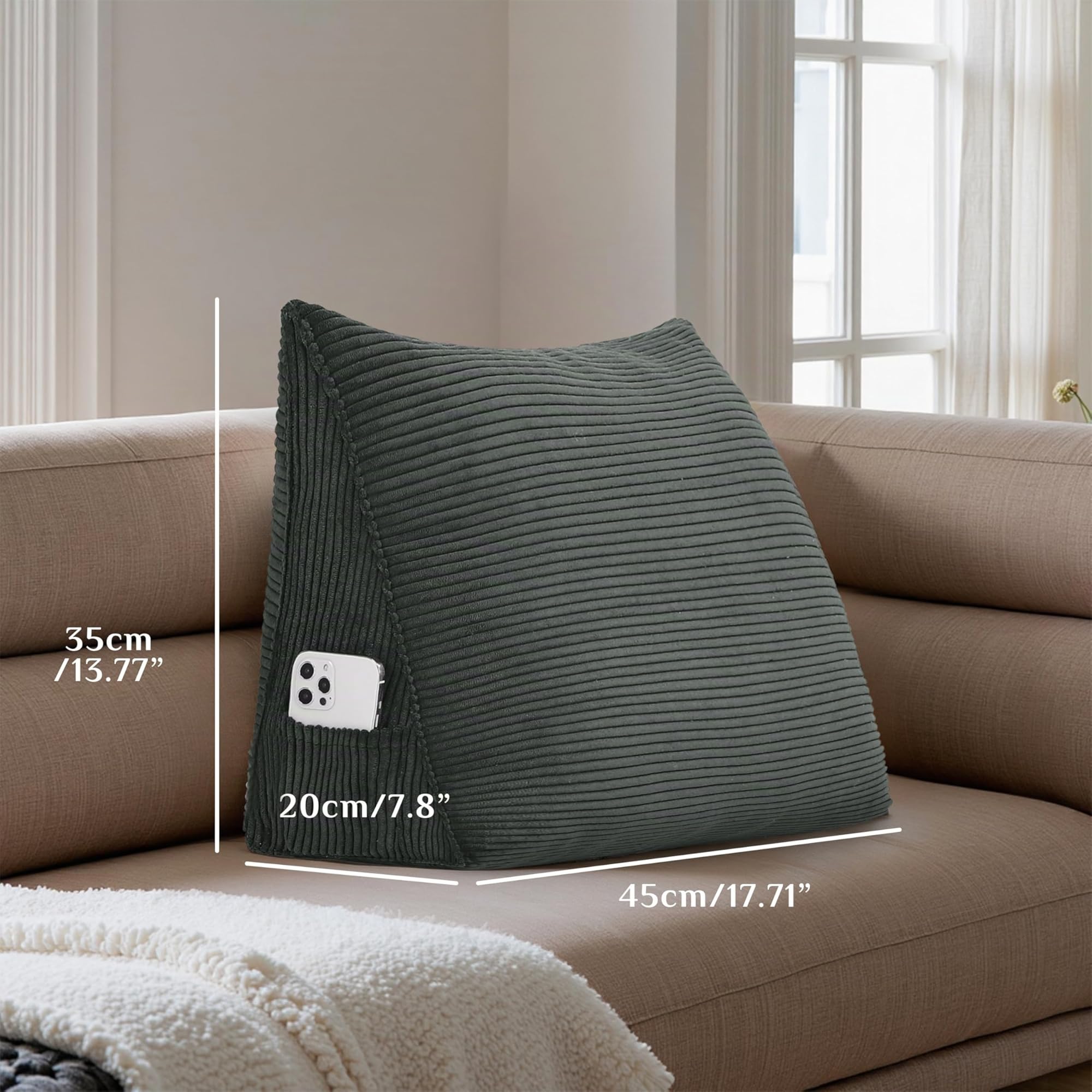 Coussin de Lecture Triangulaire en Velours Côtelé - Support Ergonomique pour Tête de Lit et Canapé - Housse Amovible Lavable (Gris Foncé, 45x35x20cm)