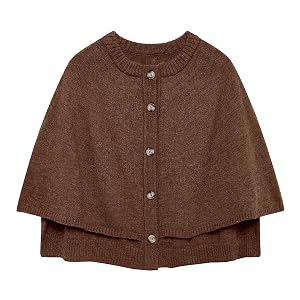 HOULENGS Womens Round Neck Shawl Cardigan Sweater Casual Button Down Cropped Knit Cape Coat Fall Trendy Sweater Jacket