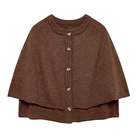 HOULENGS Womens Round Neck Shawl Cardigan Sweater Casual Button Down Cropped Knit Cape Coat Fall Trendy Sweater Jacket