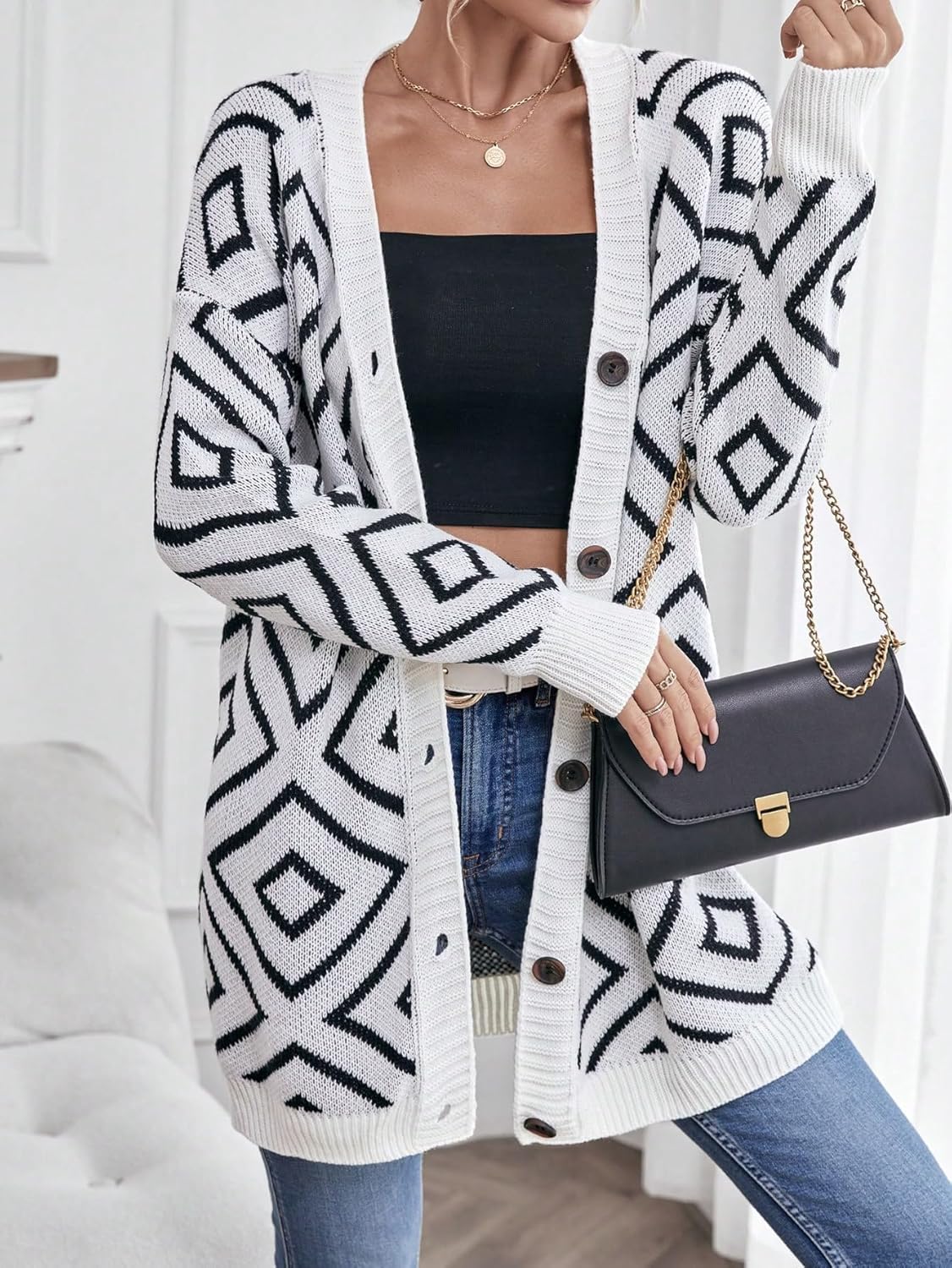 Geo Pattern Drop Shoulder Cardigan - Casual V Neck Long Sleeve Button Front Midi Sweater (Color : White, Size : Small)