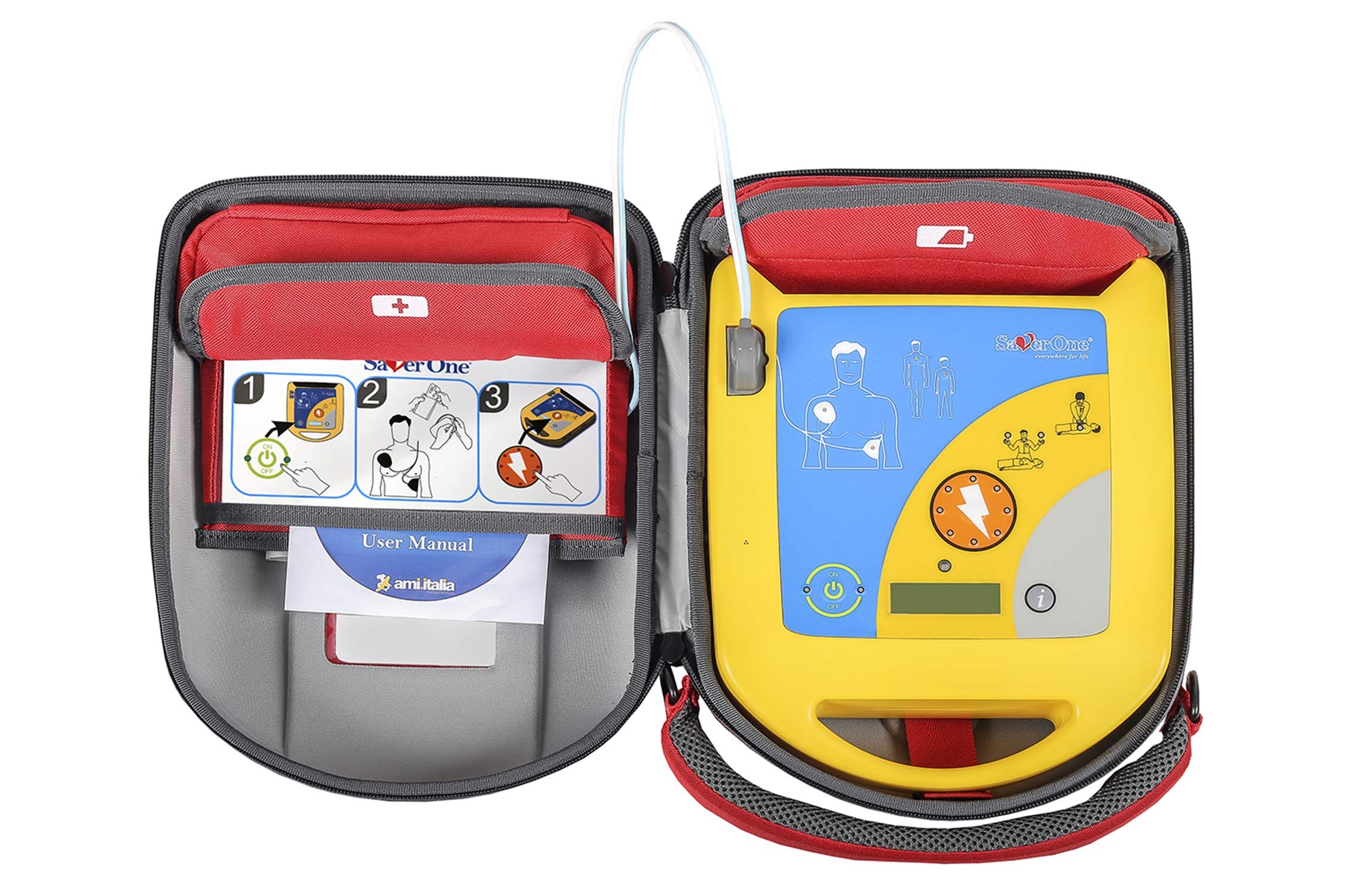 Saver One AED Defibrillator A1 (SVO-B0847) (vollautomatische Schockauslösung) mit Metallwandkasten und AED-Standortwinkel