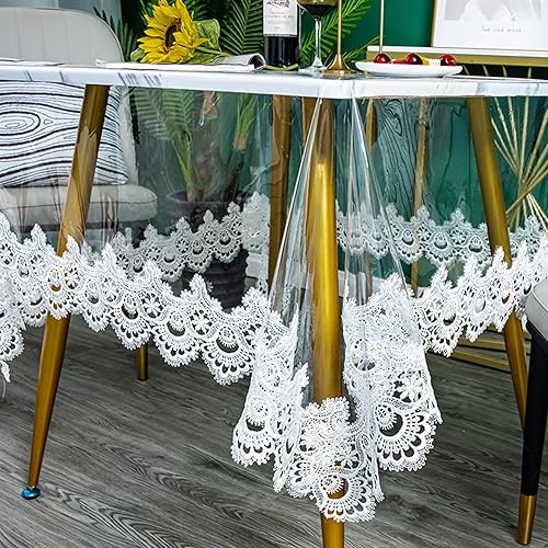Mantel redondo de plástico transparente impermeable de vinilo PVC con borde de encaje bordado, cubierta de mesa transparente para uso en cocina,