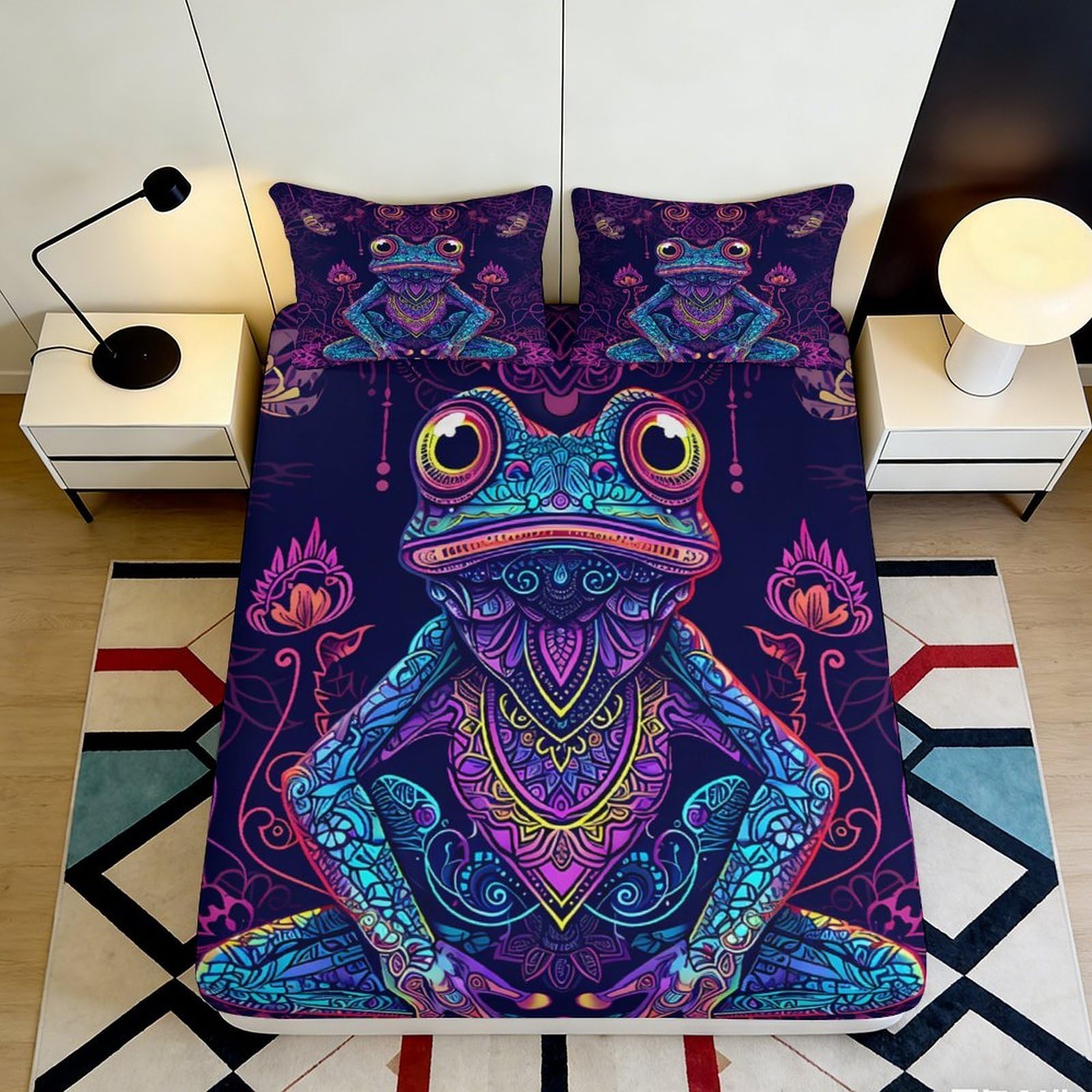 3D Printed Psychedelic Frog Fitted Sheet Microfiber Bedroom Decor Neon Mandala Mattress Cover for Home Dorm Use 90x200x25cm