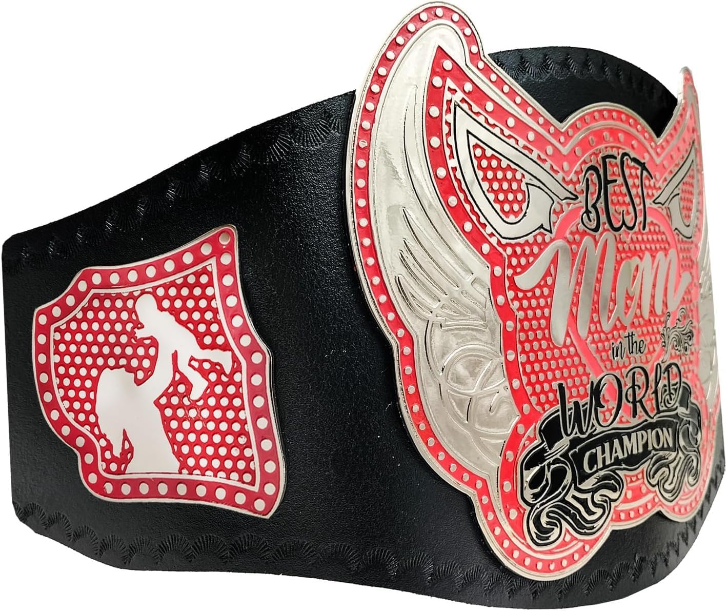 World Greatest Mom Wrestling Championship Belt Replica - 2mm Gold Coated Zinc Metal Plates with Real Leather Strap - Adult Size