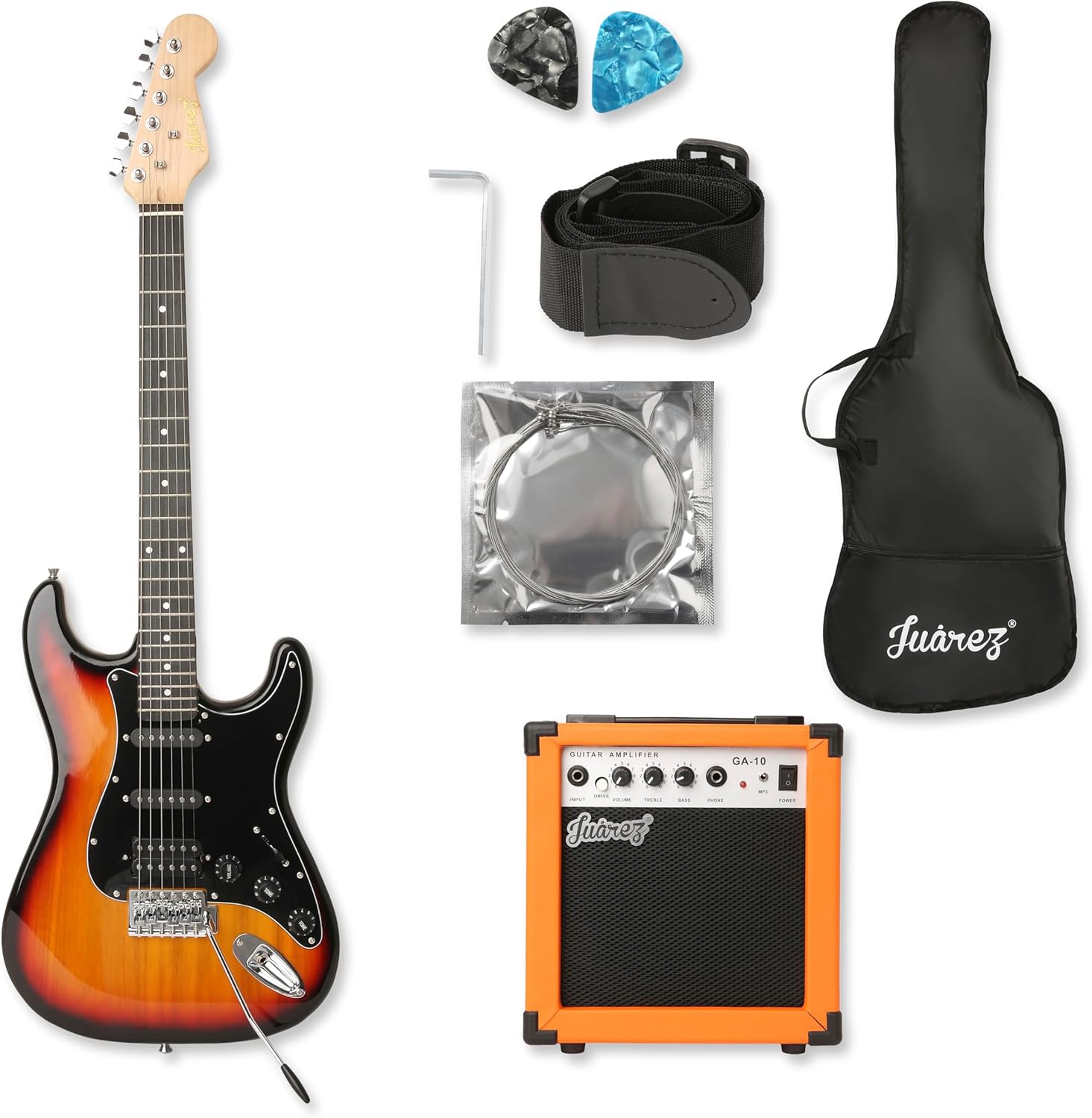 Juarez JRZ-ST01KIT-3TS Full-Size H-S-S Electric Guitar Kit for Beginners | Includes Amplifier, Cable, Strap, Picks & Gig Bag – Sunburst
