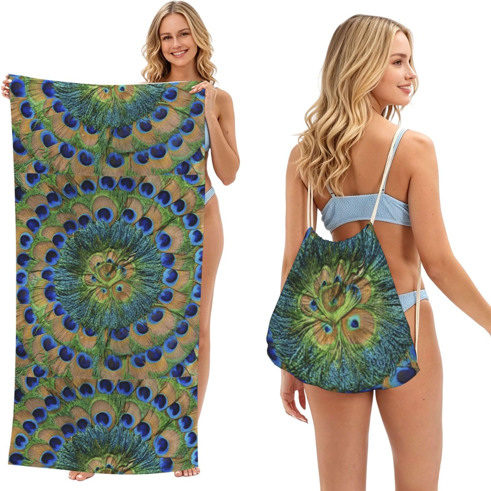 Poadnly As Picture Fashion Peacock Feathers, 2 In 1 Packable Towel Bag, Beach Towels With Drawstring Backpack For Travel Holiday Camping