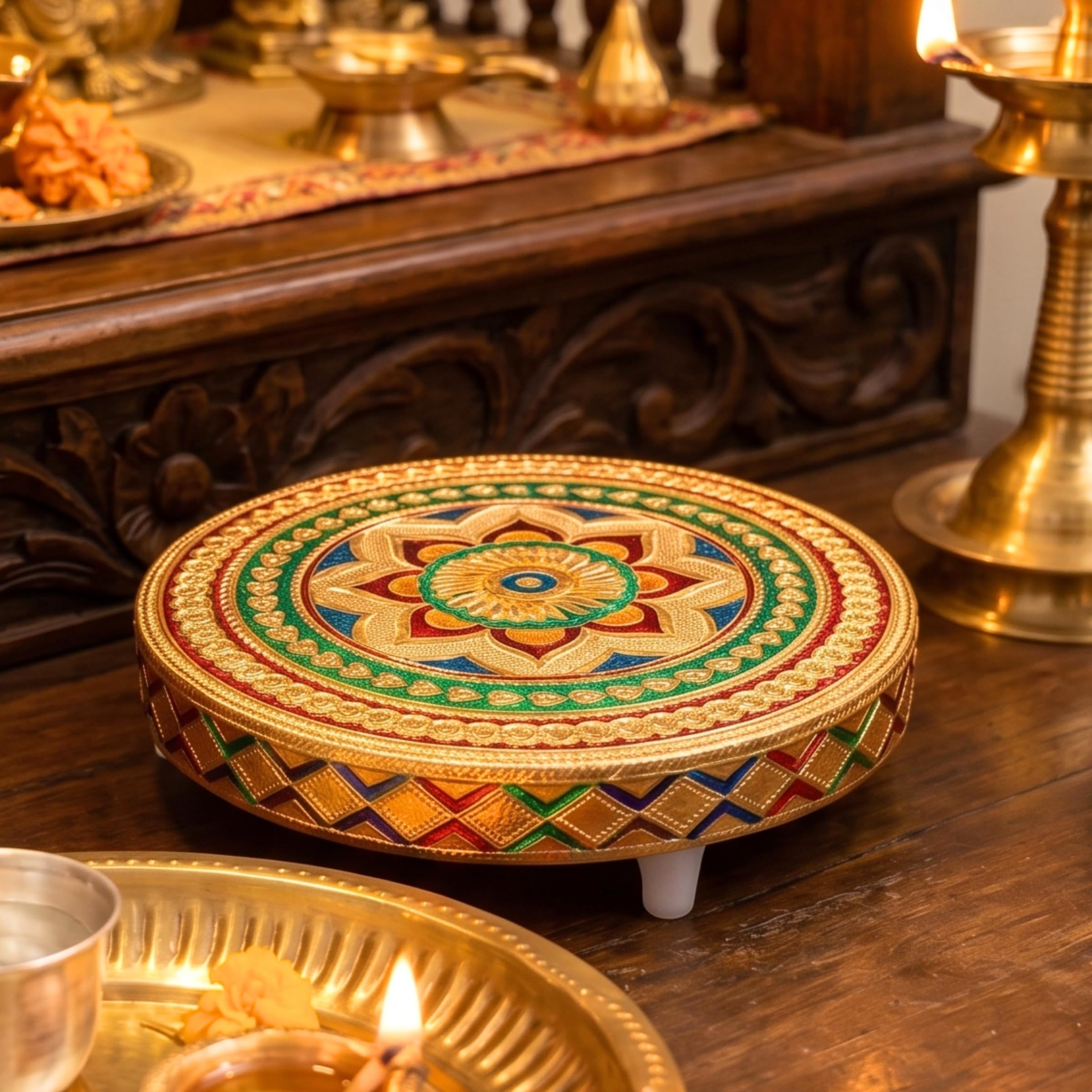 anciently Meenakari Chowki for Puja (5.5 Inches Diameter, 1 Piece) | Wooden Chowki for Puja | Wooden Bajot for Pooja (1, 5.5 Inches, Round)-image-40