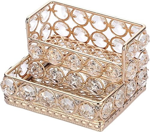 Miniatura 9 de Hipiwe Soporte para Tarjetas de Visita de Cristal de 2 Niveles Dorado Espejado Soporte de Exhibición de Tarjetas de Visita Organizador de Escritorio