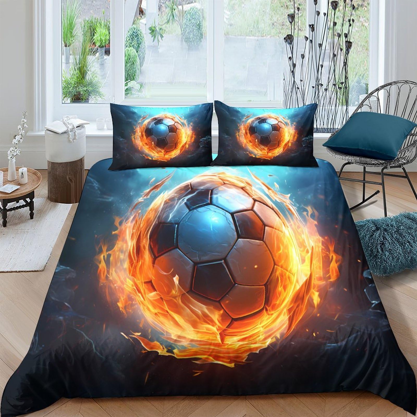 Ctjqhvkz Style-5 3D Printed Fire Soccer Fitted Sheet Microfiber Soft Black Blue Flame Bed Cover For Bedroom Guest Room Mattress Decor Single（135X200cm）