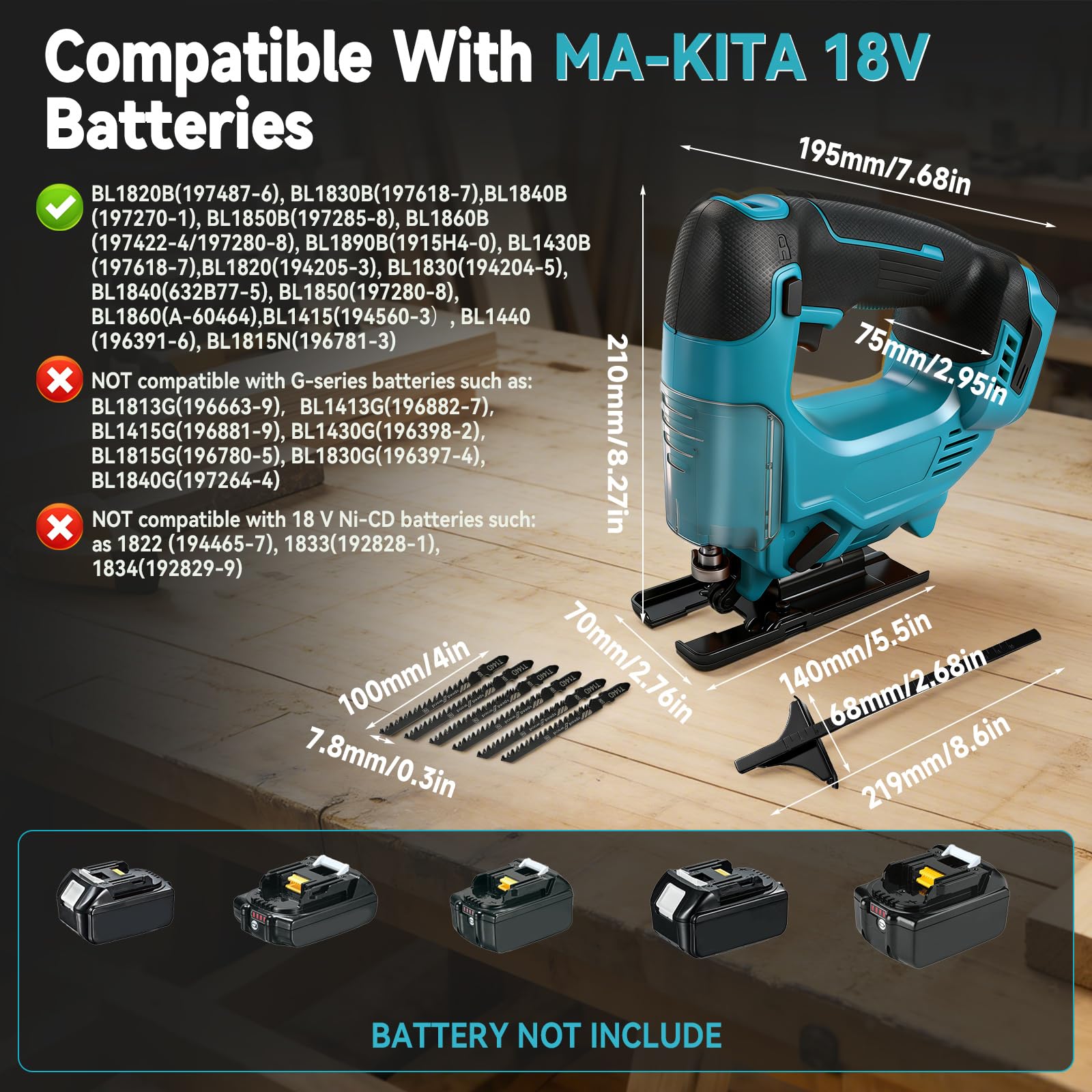 Sega alternativa senza fili compatibile con Makita 18V 420W 3500 giri/min, seghetto alternativo senza spazzole, strumento di separazione, tagli smussati a 45° con 6 lame per taglio circolare dritto