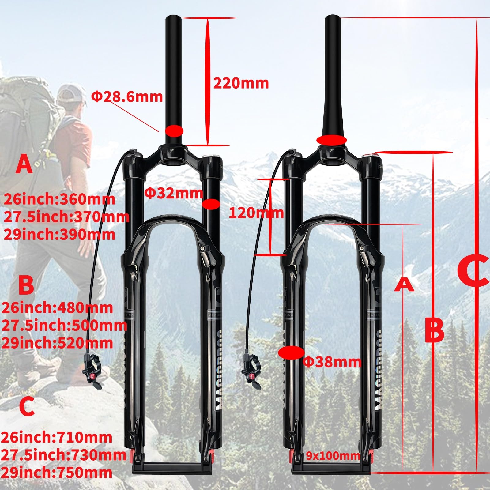 Horquilla de suspensión neumática para Bicicleta de 26/27,5/29 Pulgadas, Eje pasante QR de 9 mm, Tubo Recto/cónico de 1/8", Ajuste de Rebote, Bloqueo Romete Delantero.