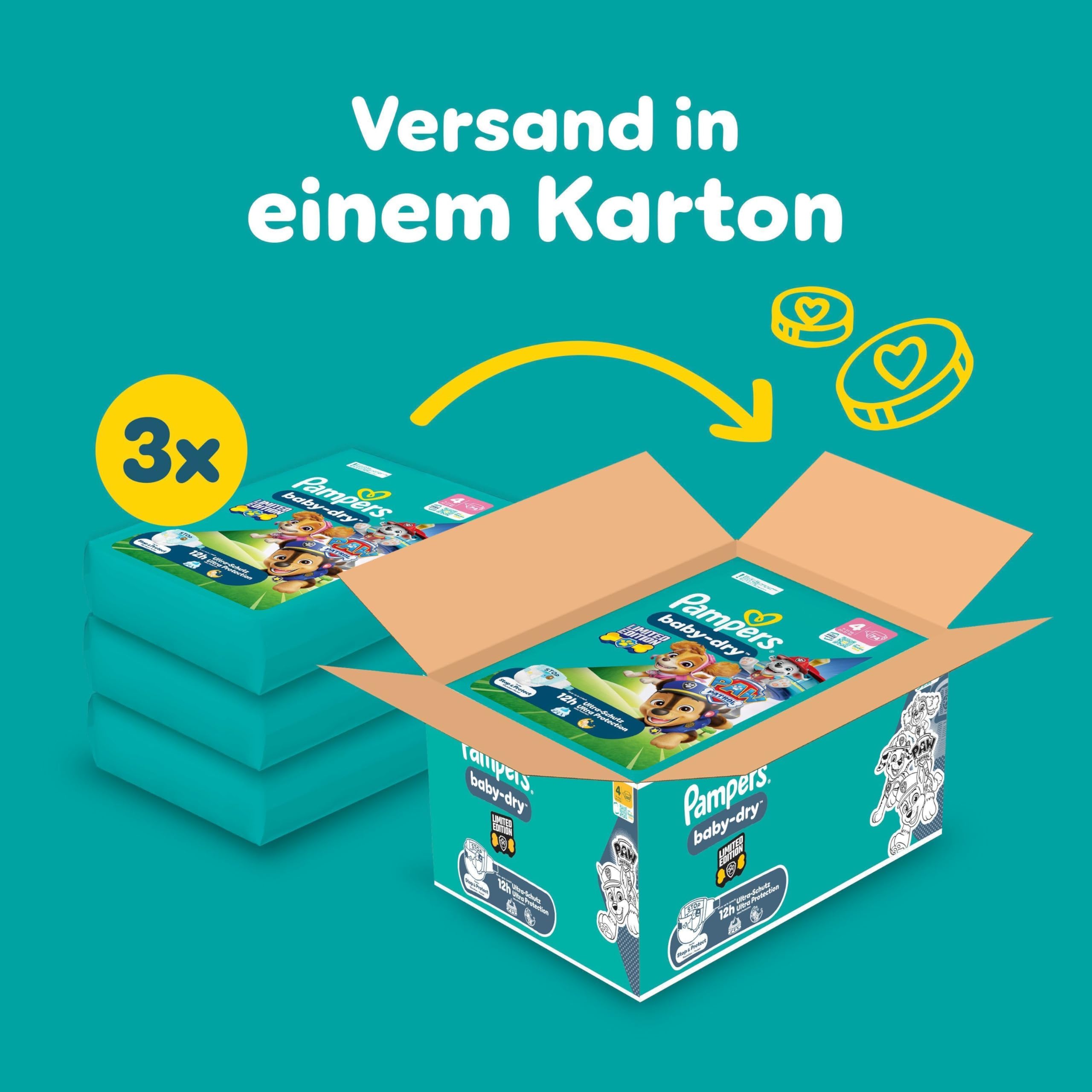 Pampers Baby-Dry Paw Patrol Edition Größe 4, 222 Windeln, 9kg-14kg, Bis zu 100Prozent Auslaufschutz und Komfort die ganze Nacht