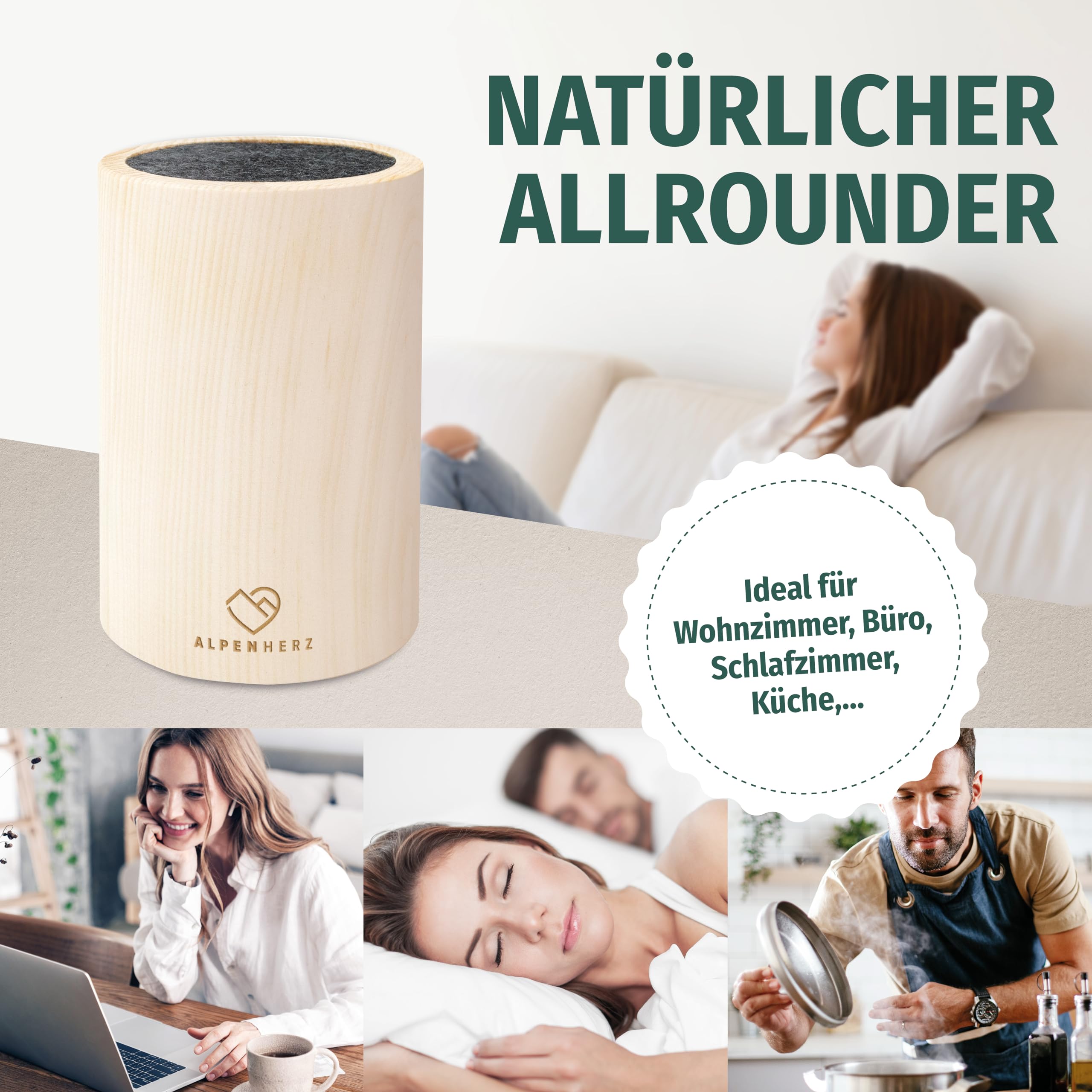Alpenherz Diffuser Set mit Zirbenöl 10 ml - Naturrein aus Österreich - Zirbenholz Würfel mit Filz Duftspender Schönes Zirbelkiefer Set als Deko