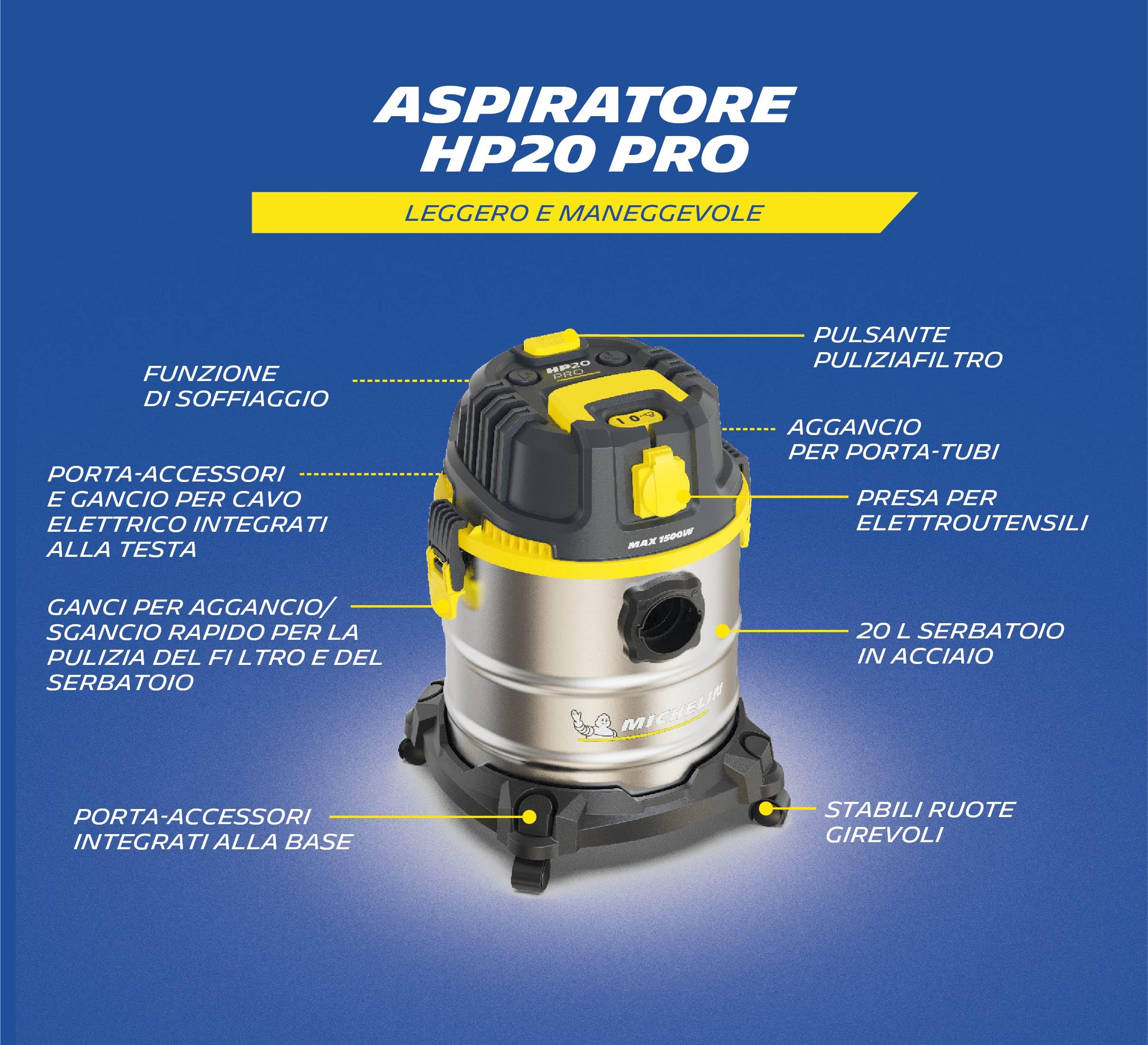 MICHELIN, Aspiratore Solidi e Liquidi, HP20 PRO, Serbatoio in Acciaio da 20 L, con Presa Elettroutensili, 1200 W, Completo di Accessori, Funzione di Soffiaggio, 20 kPa