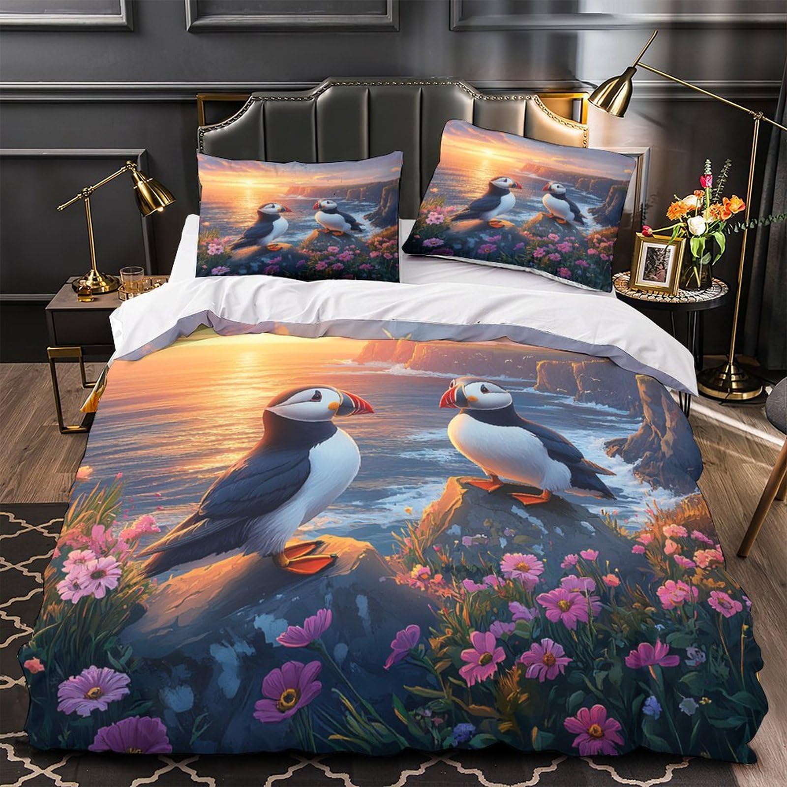 Housse de couette macareux imprimé 3D paysage pour décorer une chambre d'ado fille ou enfant