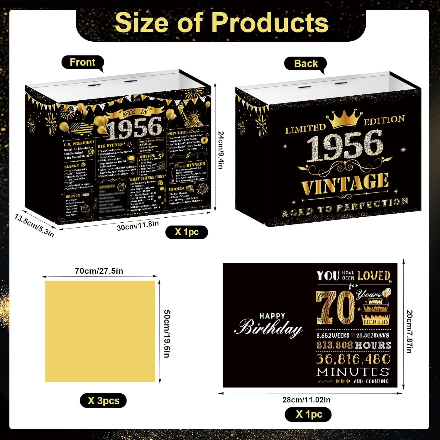 Wxiben 70th Birthday Gift Bag - Black Gold 1956 Large Gift Bag with Handles Tissue Paper Greeting Card, 70 Year Old Women Men Birthday Party Supplies, Vintage Party Decorations image 2