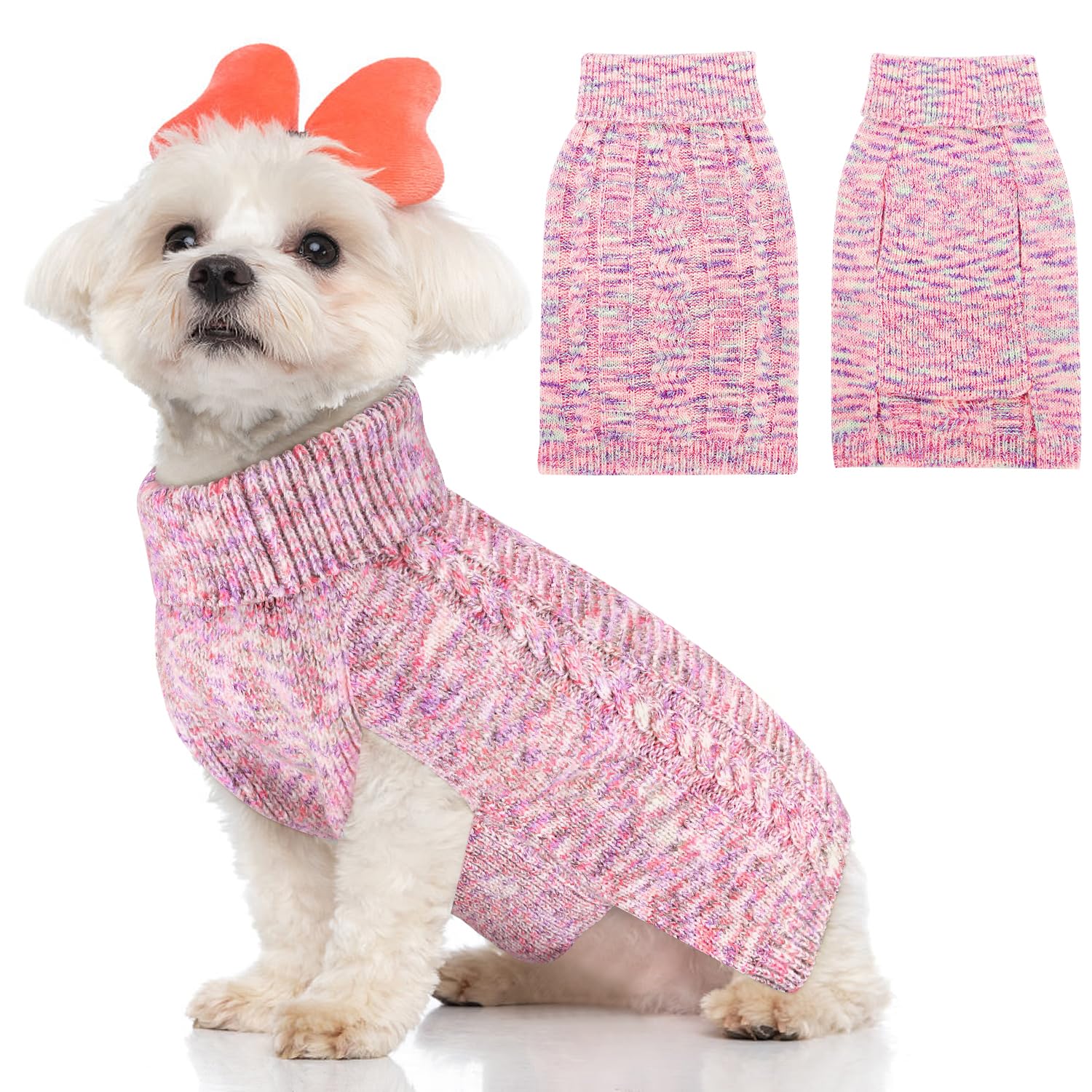SlowTon Small Dog Sweater - Turtleneck Classic Cable Knitted Doggie Knitwear with Leash Hole,Winter Warm Pet Pullover Clothes for Puppy Small Medium Dogs (Blue/Pink)