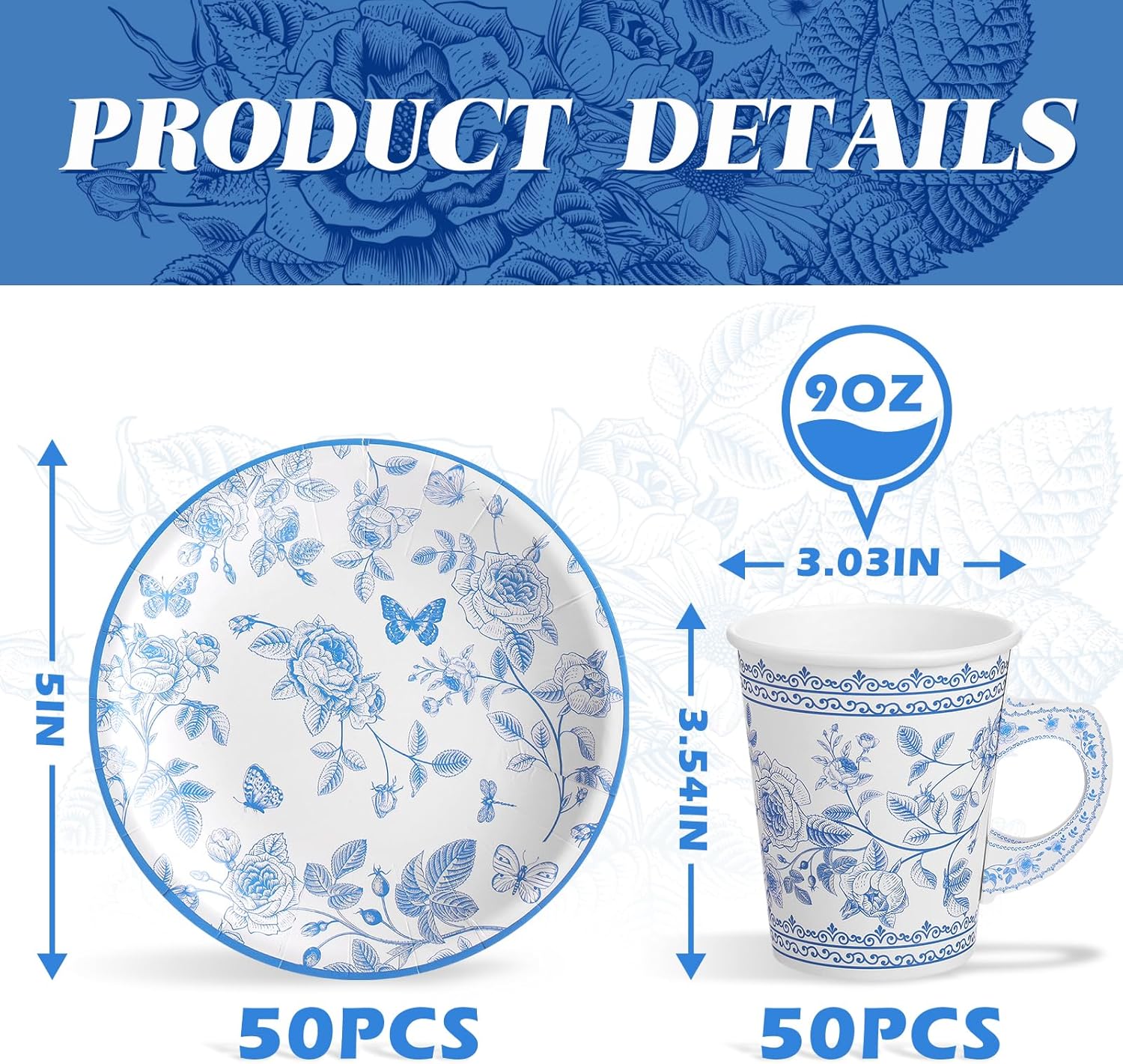 Rtteri 100 Pcs Floral Disposable Tableware Party Supplies, Blue and White Flower Dessert Plates, 9oz Floral Paper Cups for Birthday Wedding Spring Baby Shower Tea Party Decorations