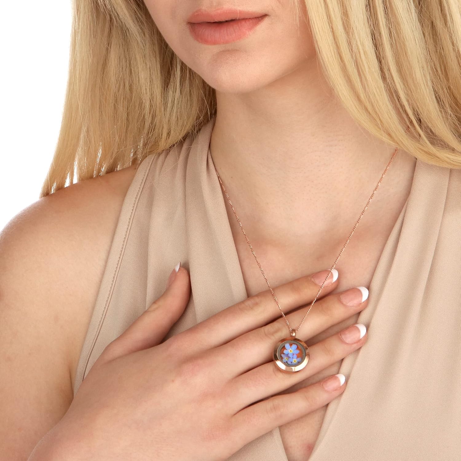 MadamLili 925 Sterling Rose Gold Plated Locket Necklace | Real Forget-Me-Not Flowers | Vintage Jewelry | Memorial Necklace | Meaningful Gift for Mom & Daughter | Flower Pendant Necklace - Image 9