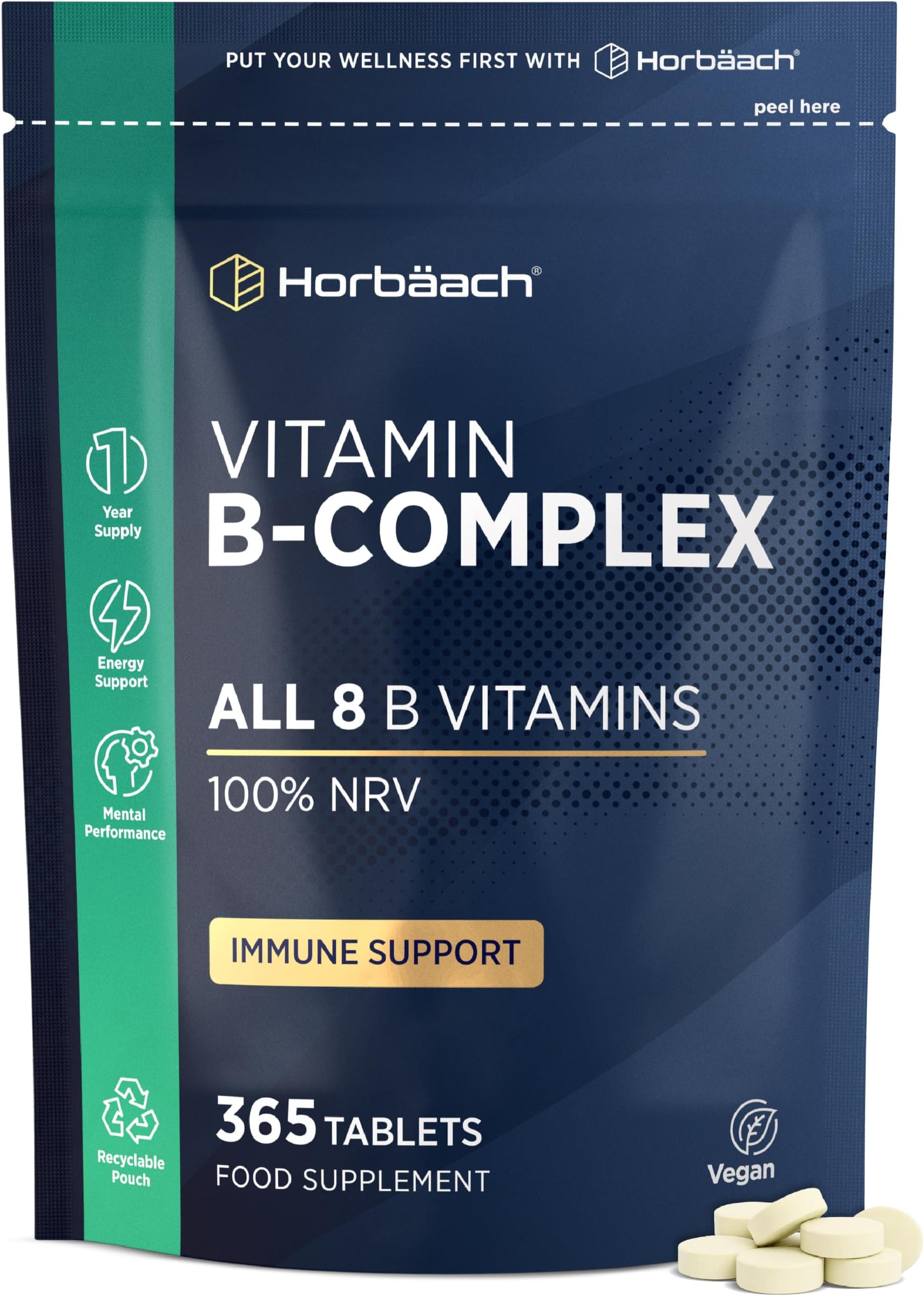 Vitamin B Complex High Strength | 365 Tablets (1 Year Supply) | All 8 B Vitamins | Vitamin B1, B2, B3, B5, B6, B12, Choline, Folic Acid & Biotin | Vegan | By Horbaach