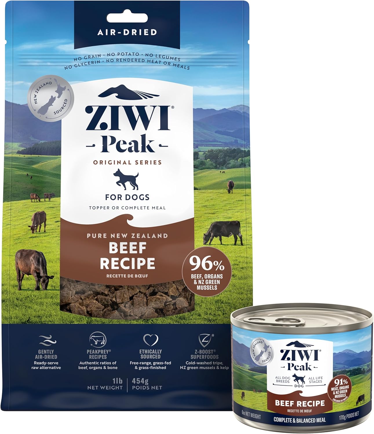 ZIWI Peak Beef Dog Food Bundle – All Natural, High Protein, Grain Free & Limited Ingredient, with Superfoods (Air-Dried 1.0 lb Bag + Case of 12, 6oz Cans)