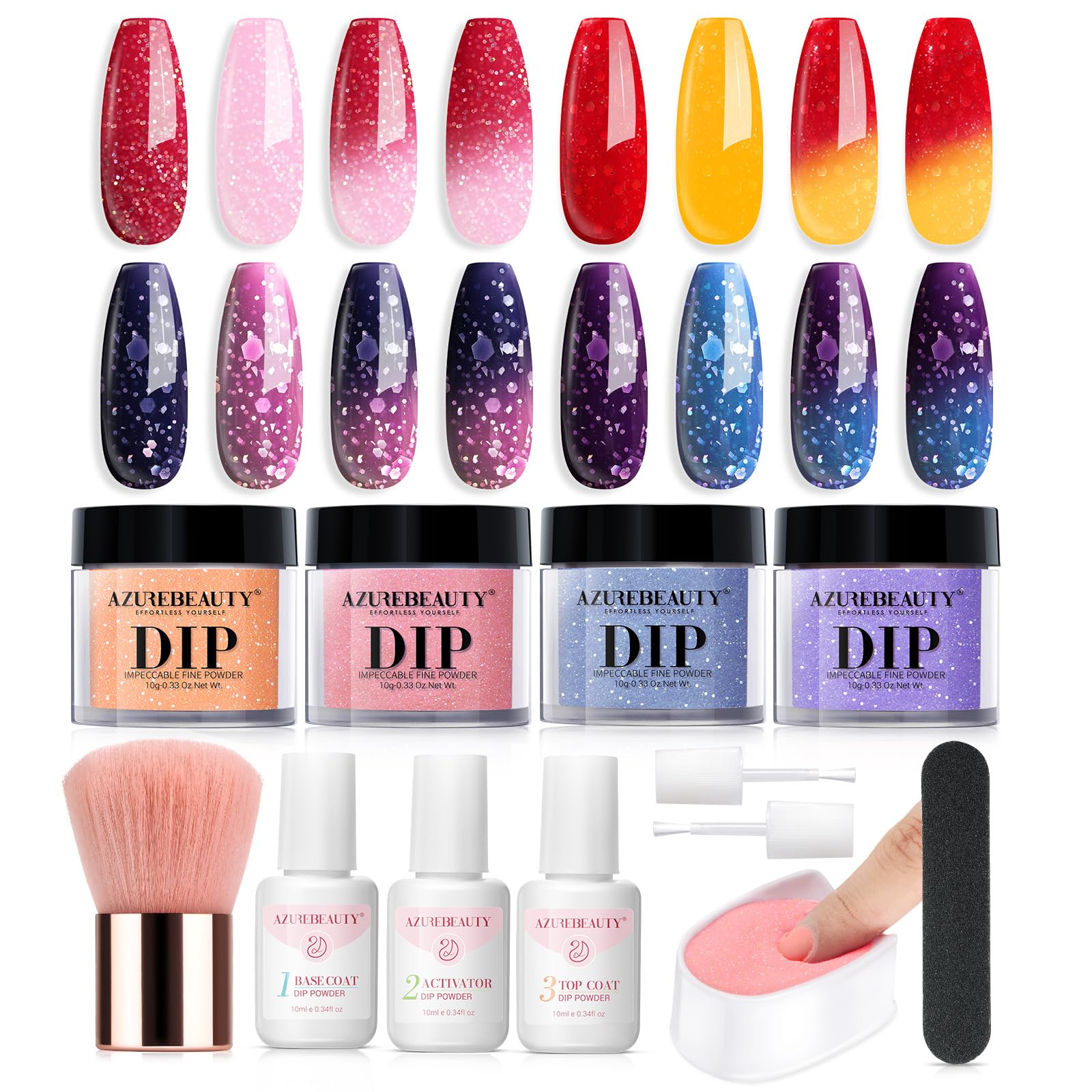 AZUREBEAUTY Dip Powder Nail Kit, Color Changing Glitter Pink Blue Purple Orange Mood Temperature Dipping Powder Liquid Set with Base Top Coat