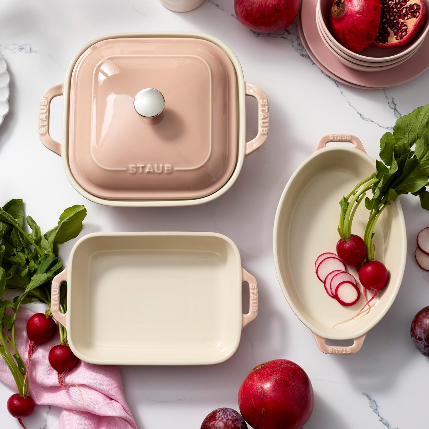 Staub Ceramic 4-pc Baking Pans Set, Casserole Dish with Lid, Brownie Pan, Light Pink