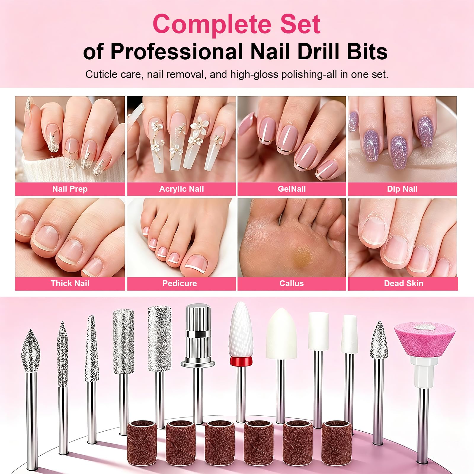 Taladro Eléctrico para Uñas Profesional, 50000 RPM, Kit de Lima Eléctrica Portátil Recargable – Uñas de Gel Acrílico, Cuidado de Pies & Pulido, Taladro para Uñas Inalámbrico para Casa & Salón(Rose)