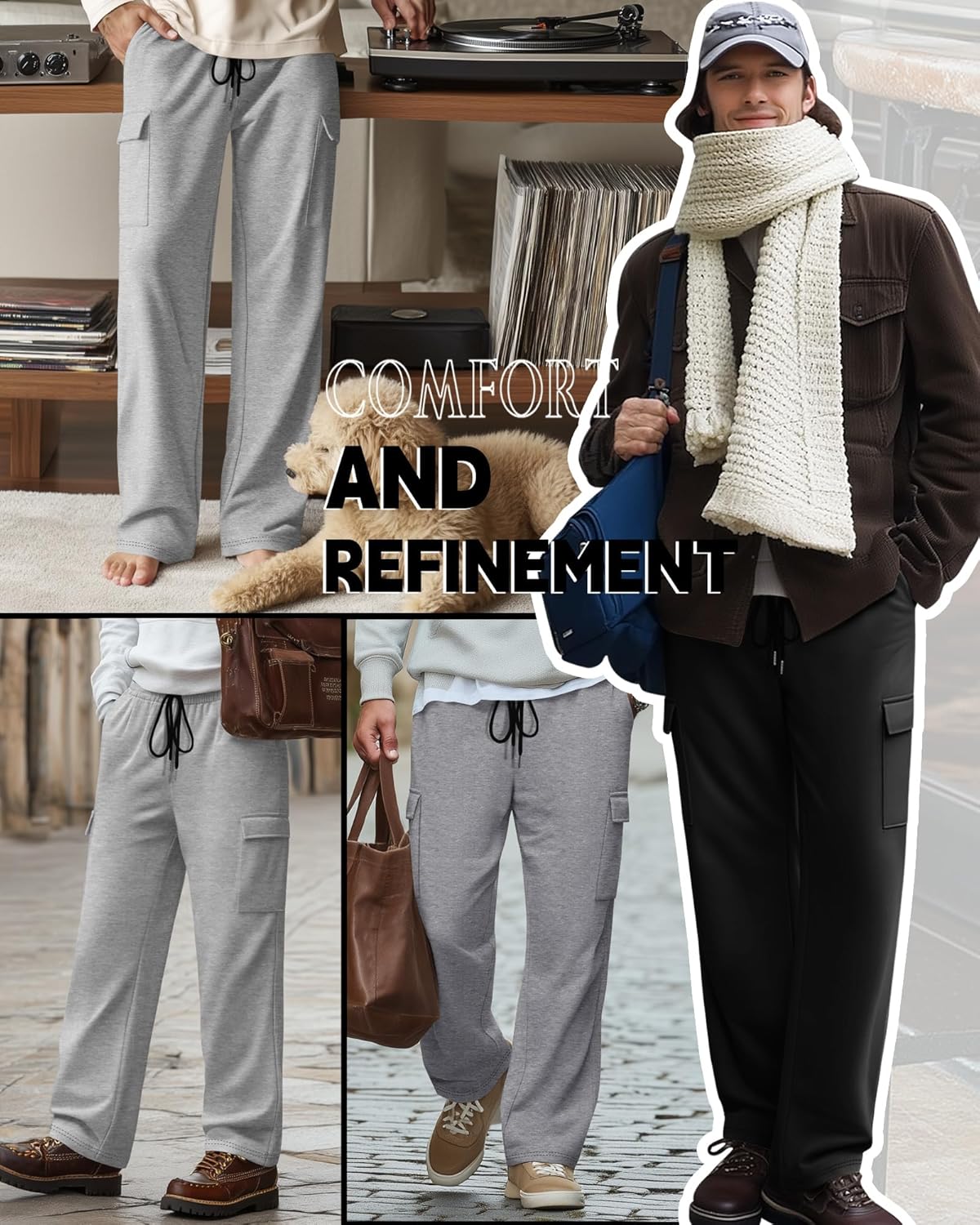 Neer 3 Pack Men's Baggy Cargo Sweatpants Open Bottom Joggers Straight Wide Leg Drawstring Lounge Pants with Pockets S to 3XL - Image 4