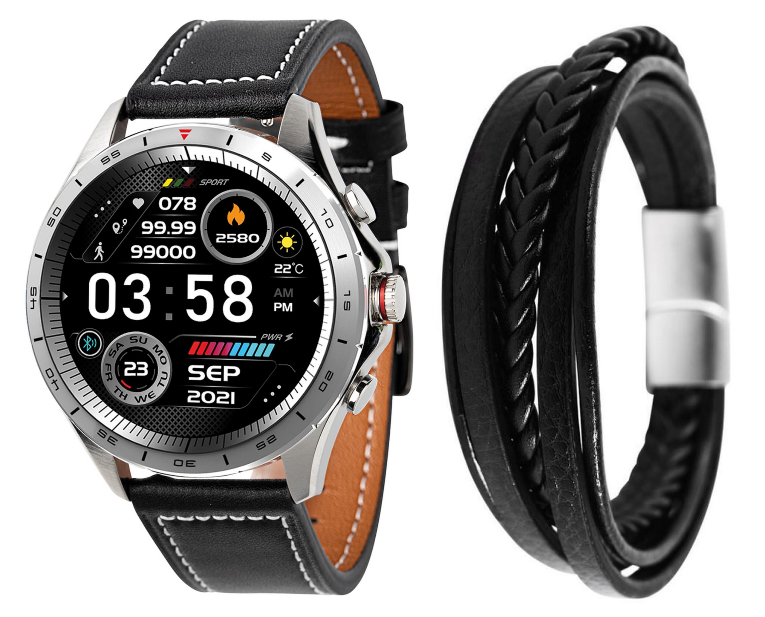 Atlanta Smartwatch für Herren Fitnesstracker im Geschenk Set Uhr mit Schmuck Leder Armband - 9817/7