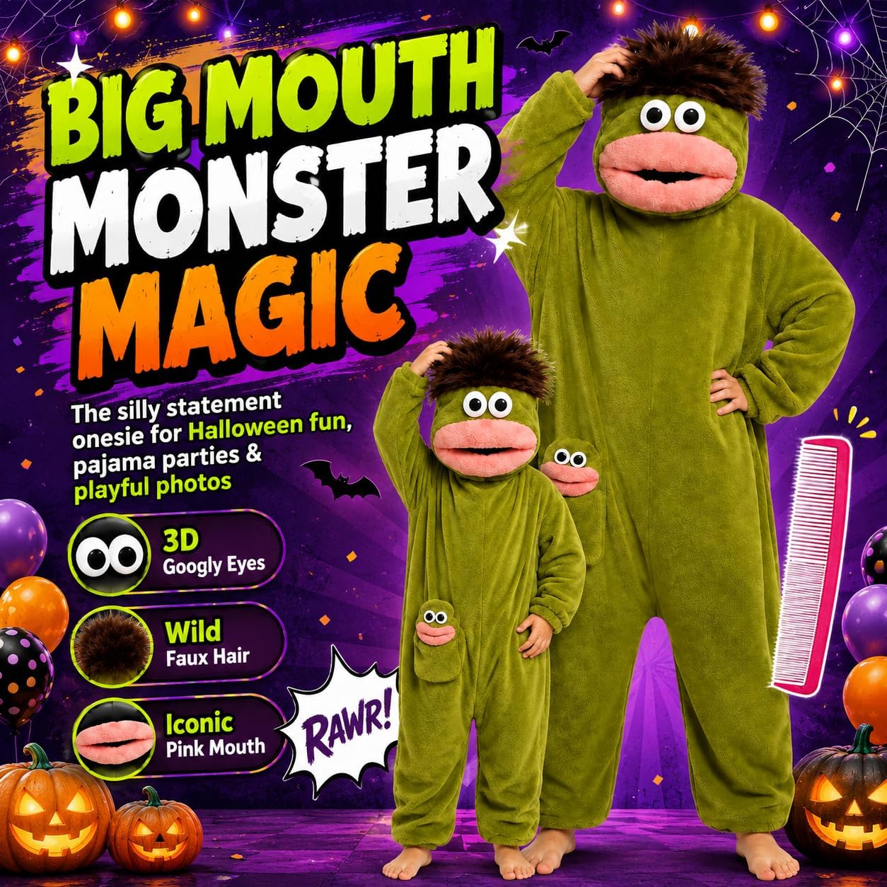 Big Mouth Monster Onesie for Adult & Kids with Styling Comb