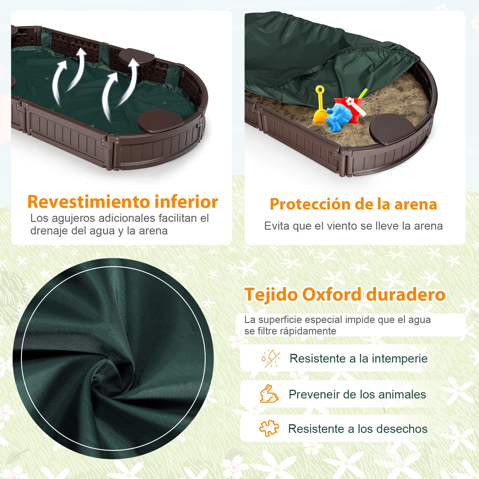 COSTWAY Arenero Infantil Elíptico 183 cm, Arenero con Cobertura Impermeable, Cobertura Inferior y Asientos Incorporados en los Ángulos, para 4 Niños, Kit Arenero de Exterior para Patio (elípticio)