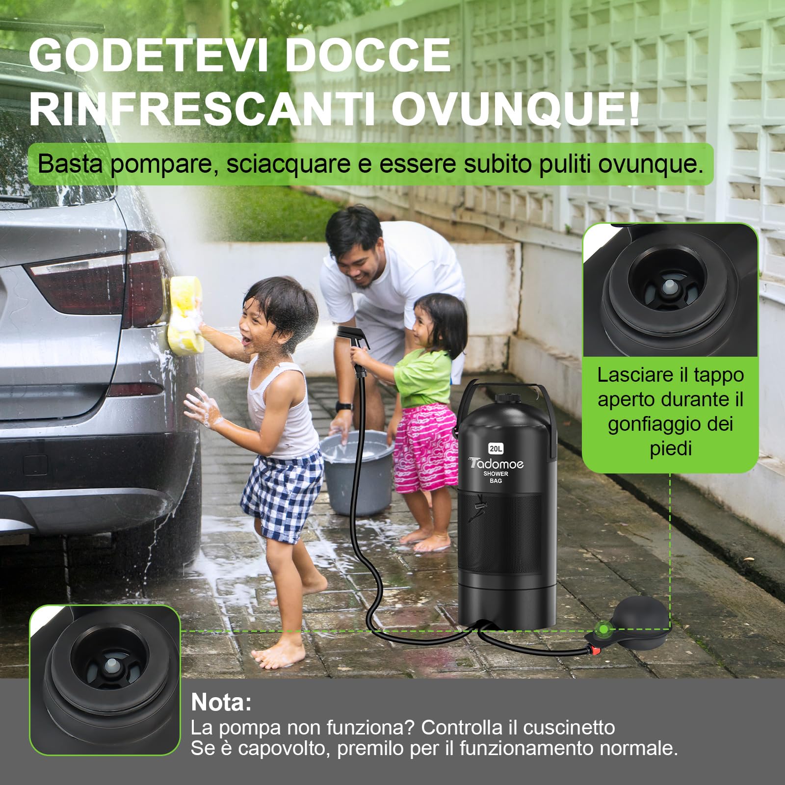 20L Doccia da Campeggio con Pompa a Pedale e Tubo da 2m, Doccia Portatile Solare Borsa con Borsa di Trasporto e Soffione - Doccia Mobile per Camping, Spiaggia, Cani e Giardino