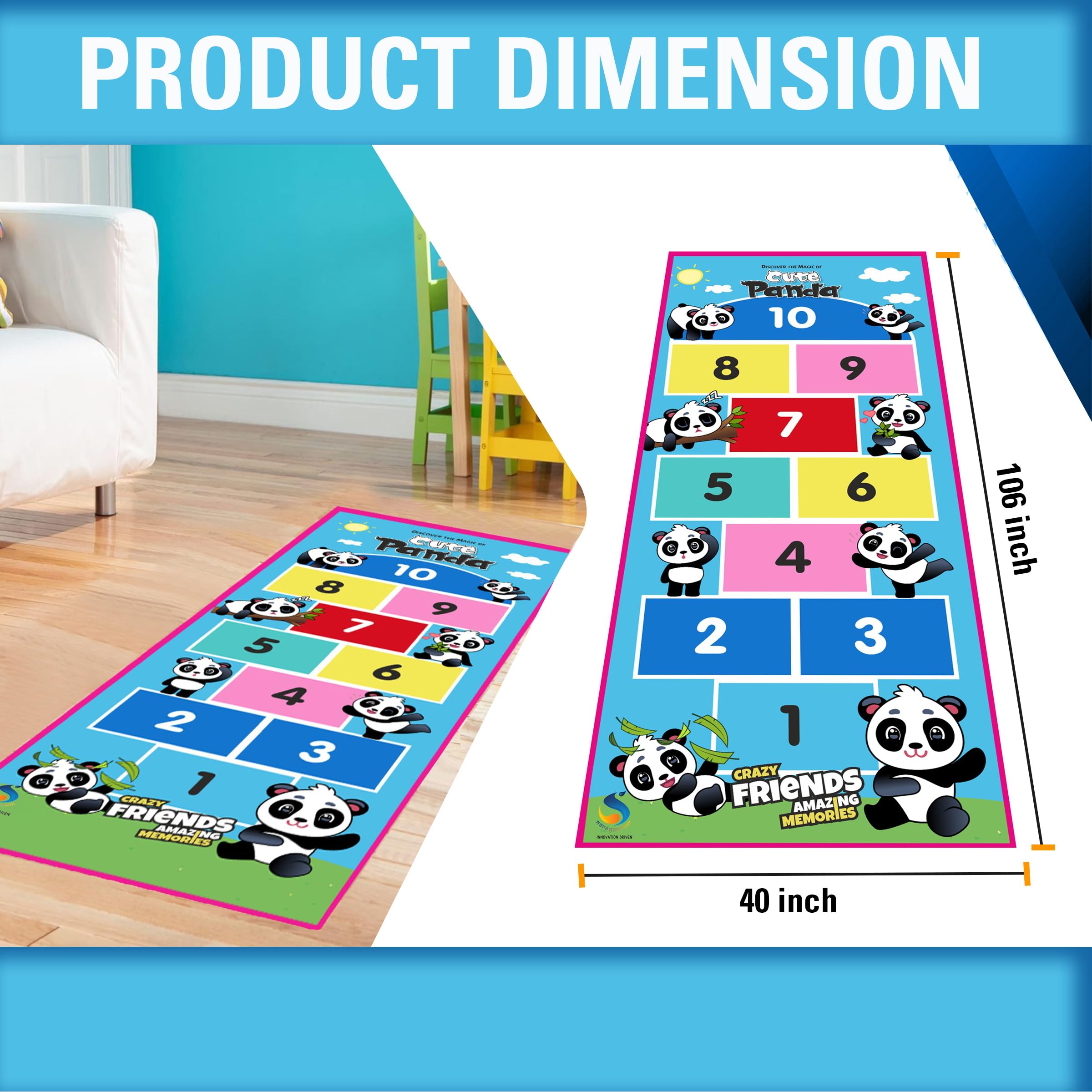 NARAYANMUNI Hopscotch Game | Jumbo Kids Play Mat (40" X 108" Inches) | Unique Balancing Game | Large Size For 3 Years And Up | Panda Theme, Multicolor 1