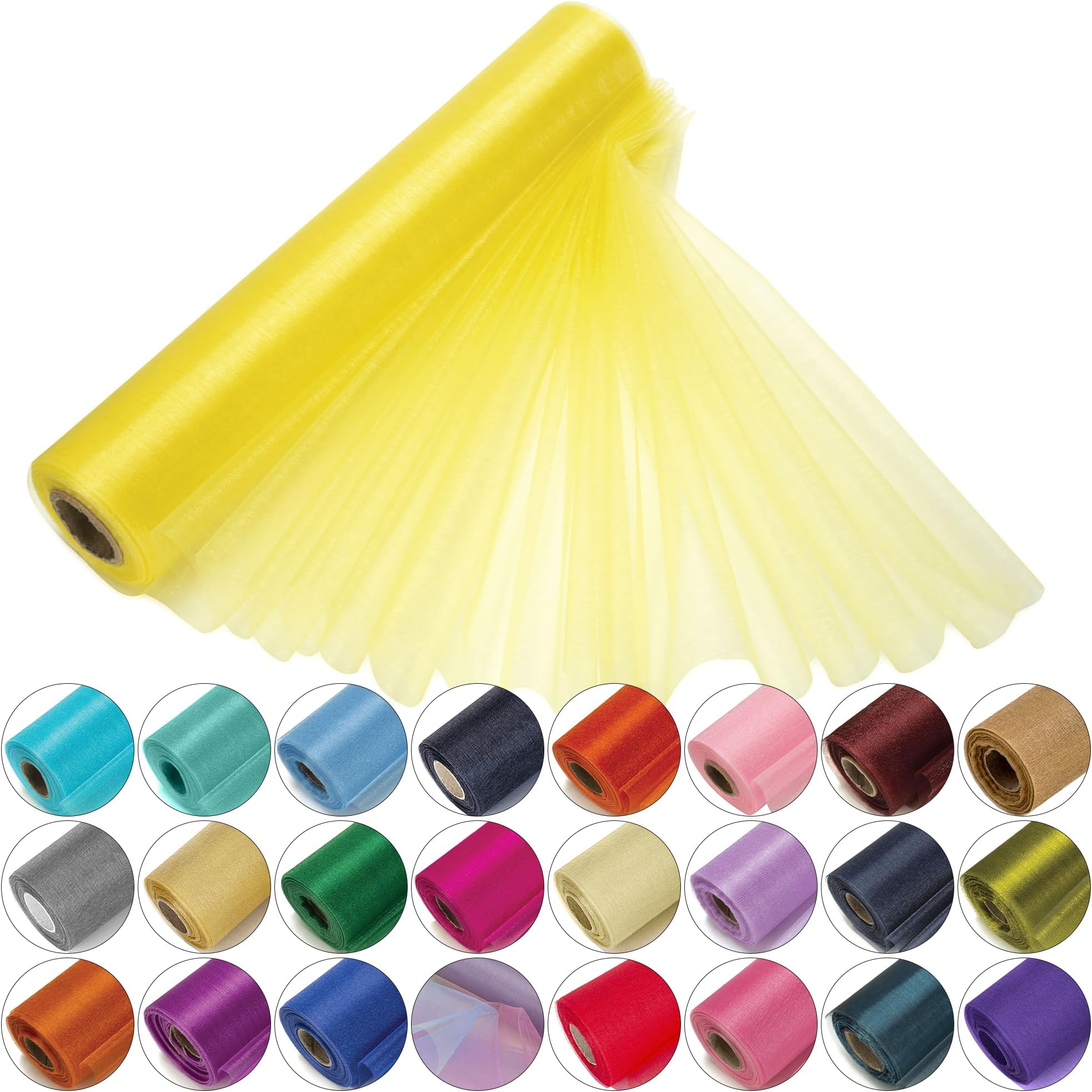 29cm x 25m Roll of Organza Sheer Fabric - Elegant Decorative Cloth for Wedding Chair Bows, Table Runners, Party Favours - Crafting Supplies for Ribbons, Dress Accents,and Bags, Yellow