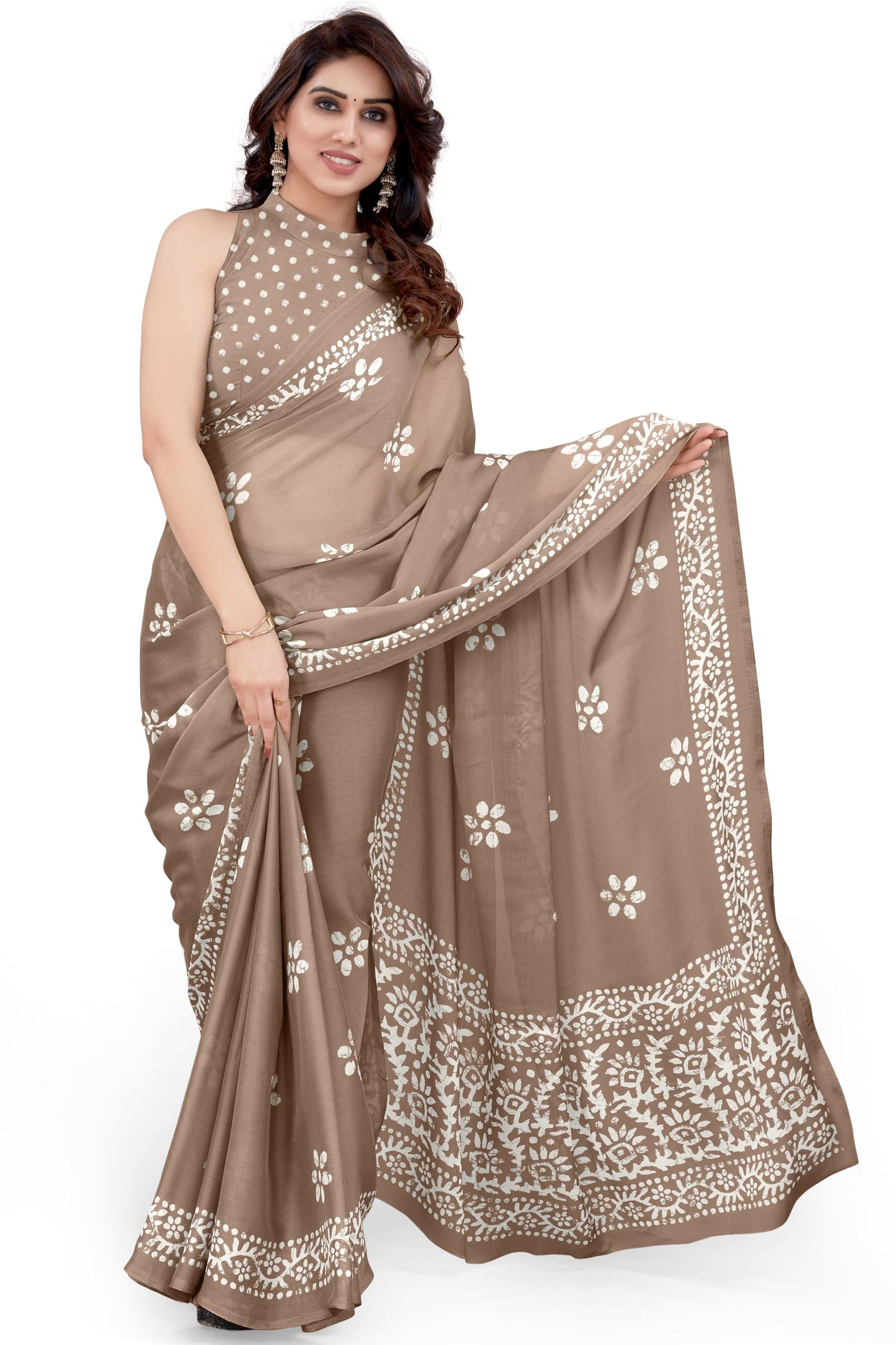 MIRCHI FASHIONWomen's Latest Chiffon Batik Printed Saree with Blouse Piece, Beige, White, One size, Beige, White, One Size